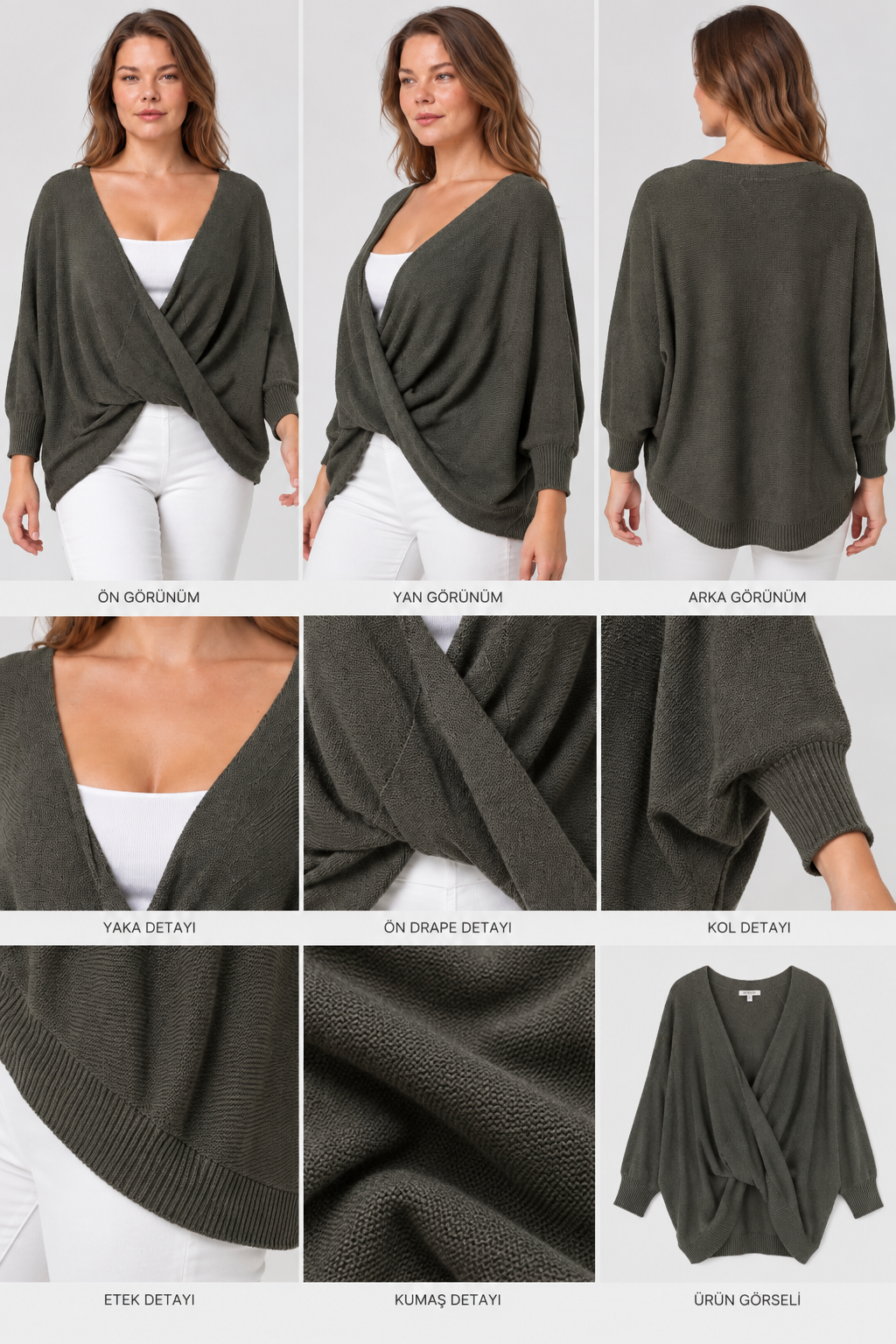 Kadın İtalyan Stil Yarasa Kol Sonsuz Yaka Oversize Merserize Triko Bluz