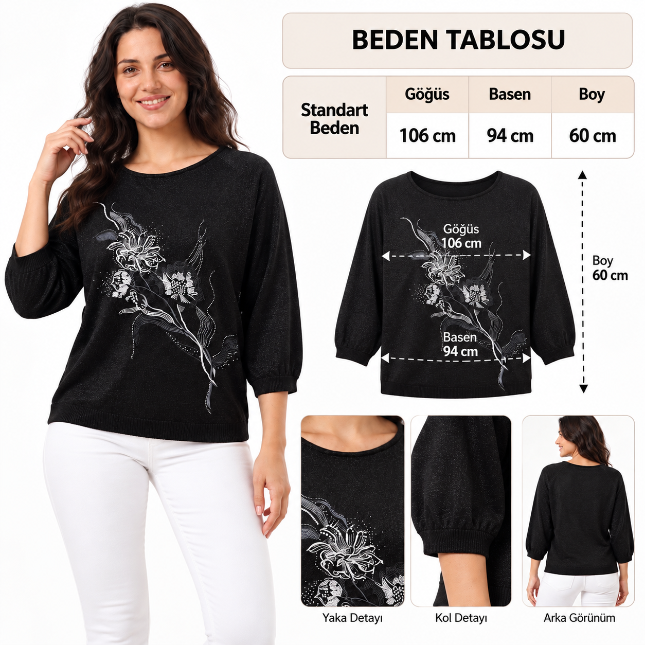 Kadın Önü Taş Detaylı 4/3 Kapri Kol Simli Triko Bluz