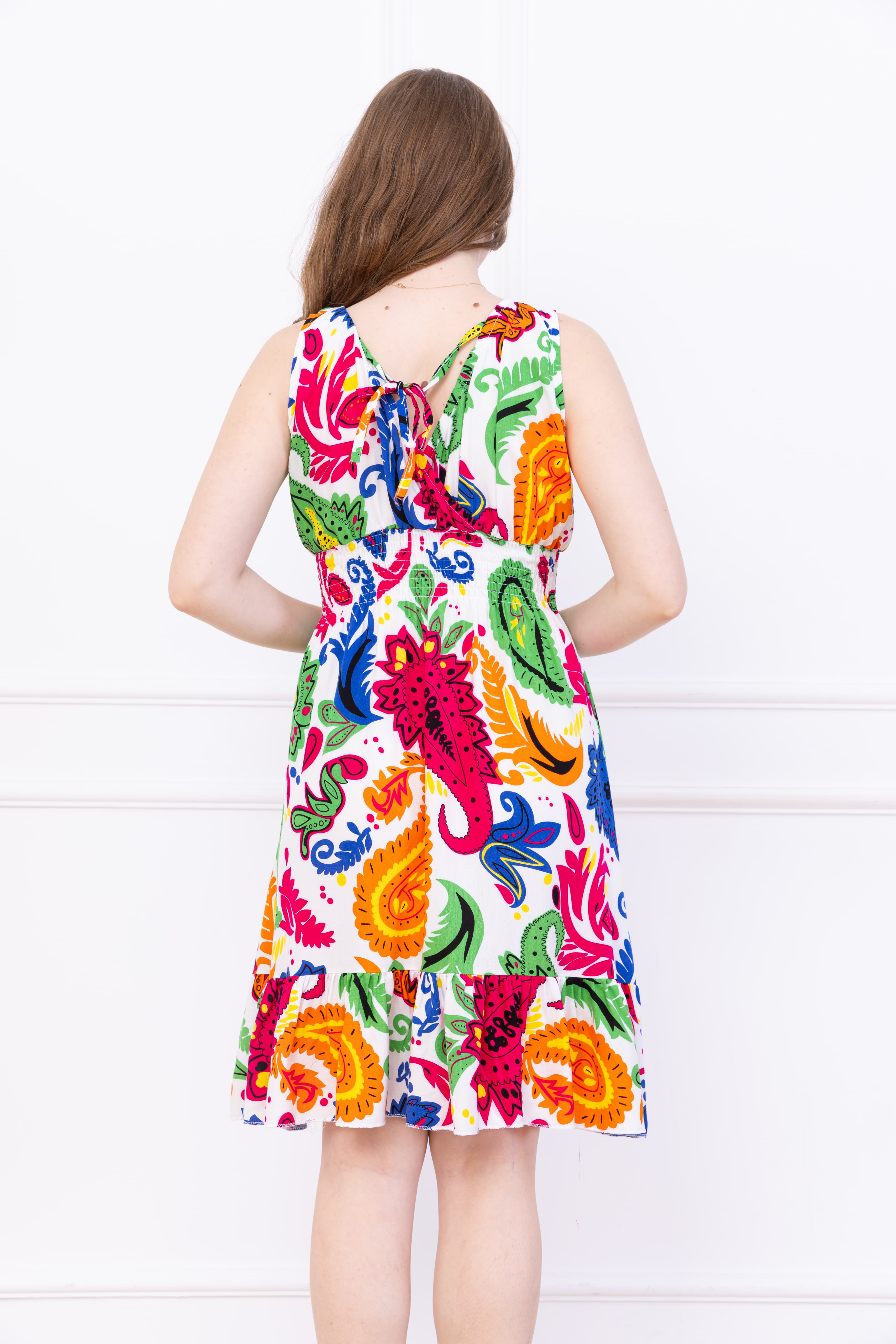 Kadın Çok Renkli Kruvaze Yaka Beli Büzgülü Eteği Fırfırlı Viskon Elbise