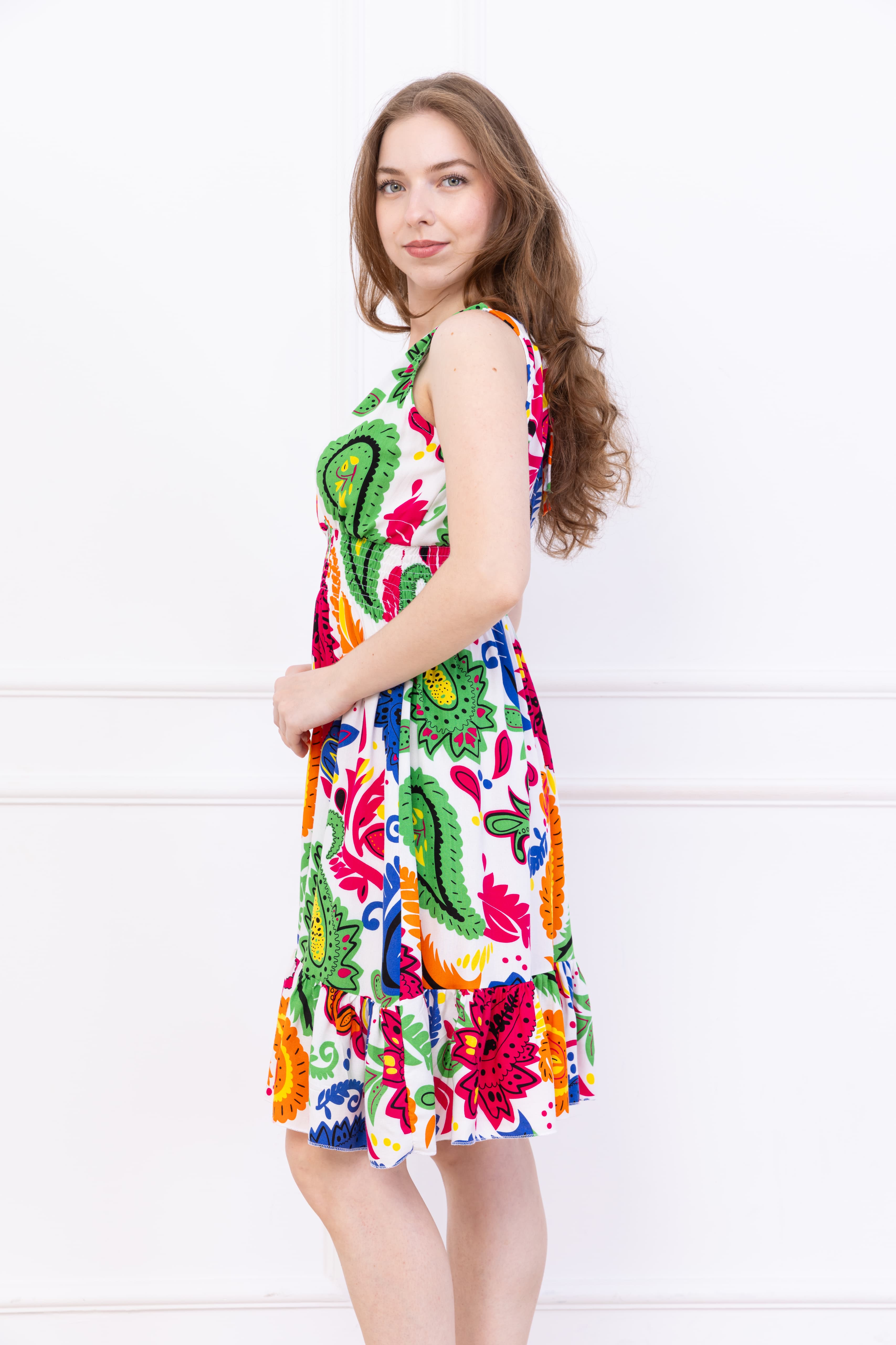 Kadın Çok Renkli Kruvaze Yaka Beli Büzgülü Eteği Fırfırlı Viskon Elbise