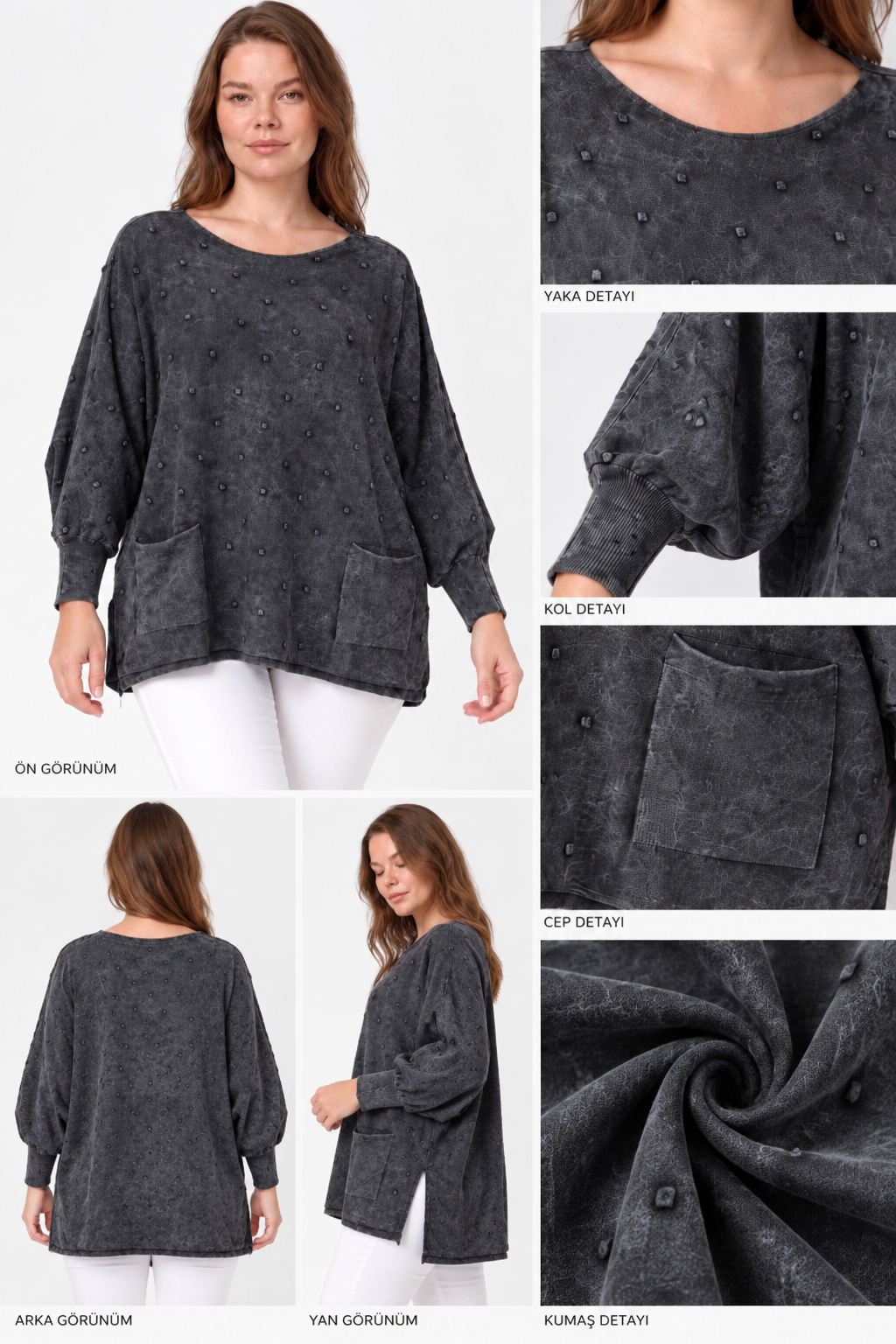 Kadın İtalyan Stil Yarasa Kol Yanı Yırtmaçlı Cep Detaylı Oversize Triko Bluz