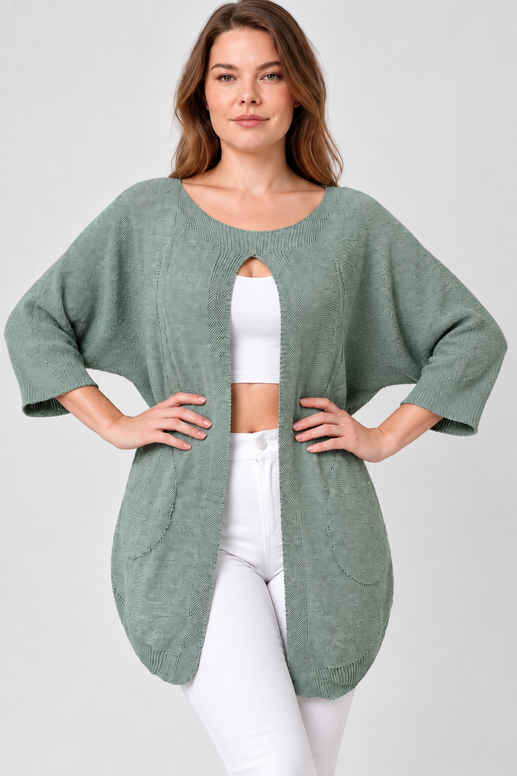 Kadın İtalyan Stil Yarasa Kol Önü Derin Yırtmaçlı Oversize Merserize Triko Tunik