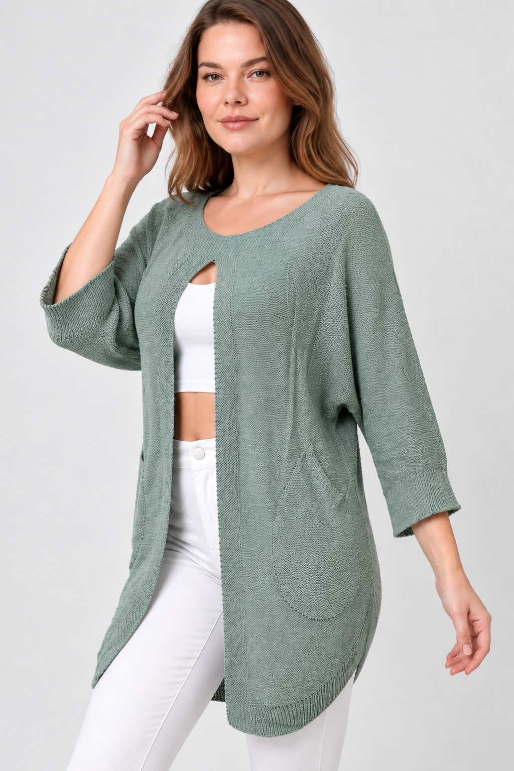 Kadın İtalyan Stil Yarasa Kol Önü Derin Yırtmaçlı Oversize Merserize Triko Tunik