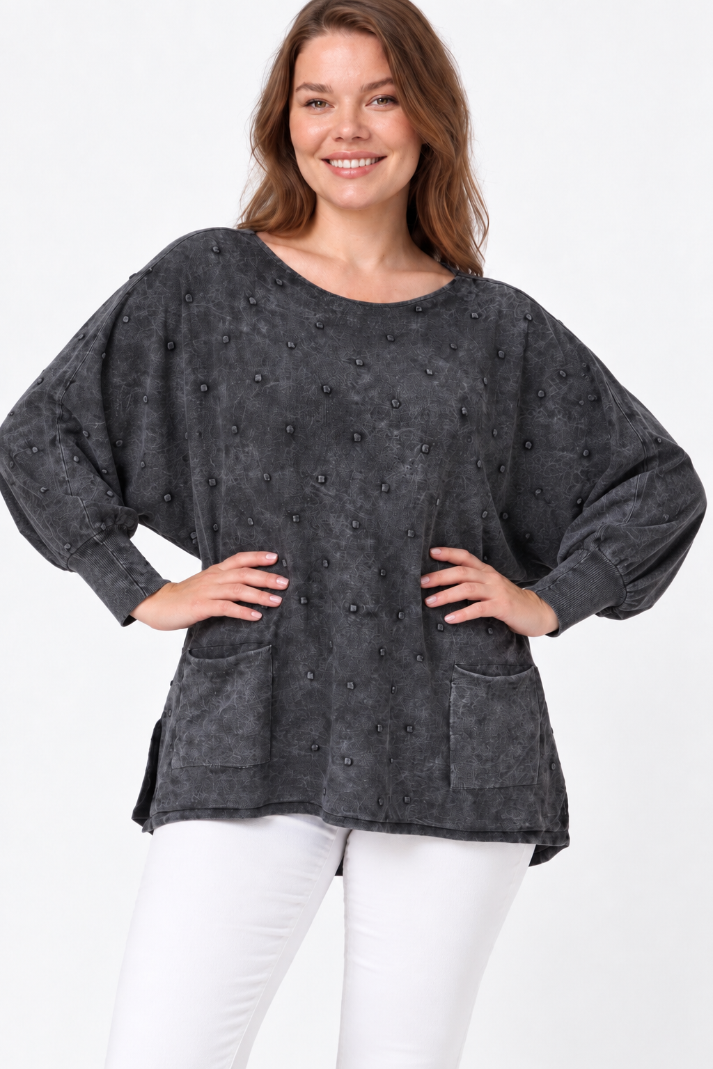 Kadın İtalyan Stil Yarasa Kol Yanı Yırtmaçlı Cep Detaylı Oversize Triko Bluz