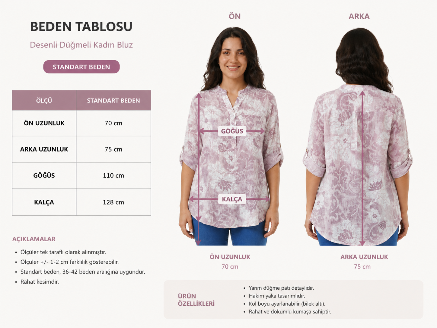 Kadın Çok Renk Desenli İtalyan Stil Yarım Düğmeli Hakim Yaka Bluz
