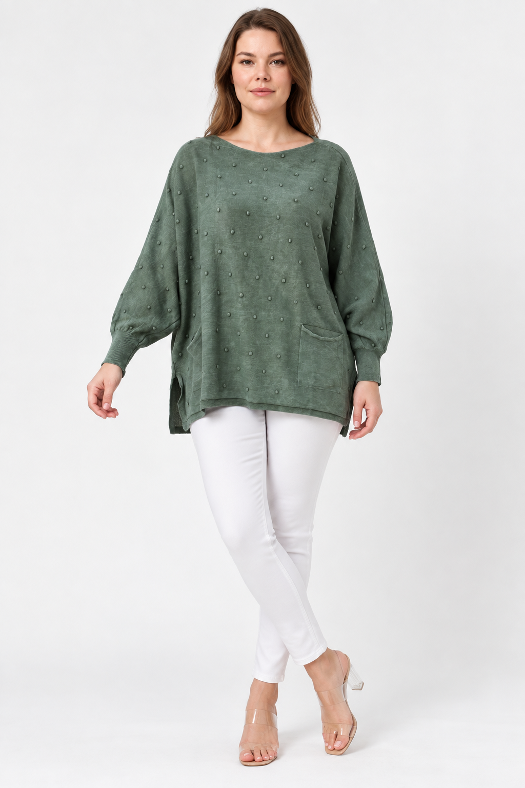 Kadın İtalyan Stil Yarasa Kol Yanı Yırtmaçlı Cep Detaylı Oversize Triko Bluz