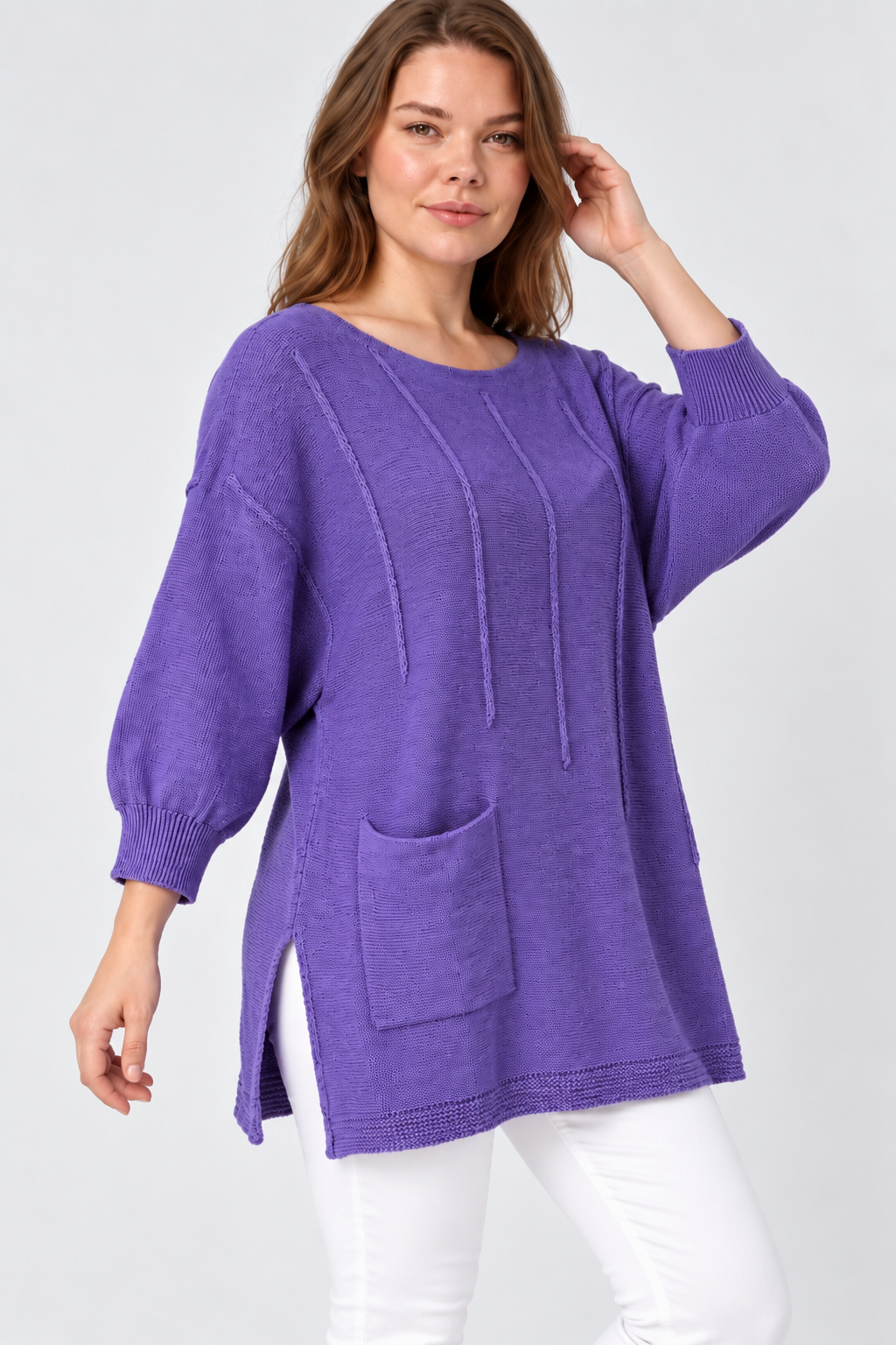 Kadın İtalyan Stil Yarasa Kol Yanı Yırtmaçlı Cep Detaylı Oversize Triko Bluz