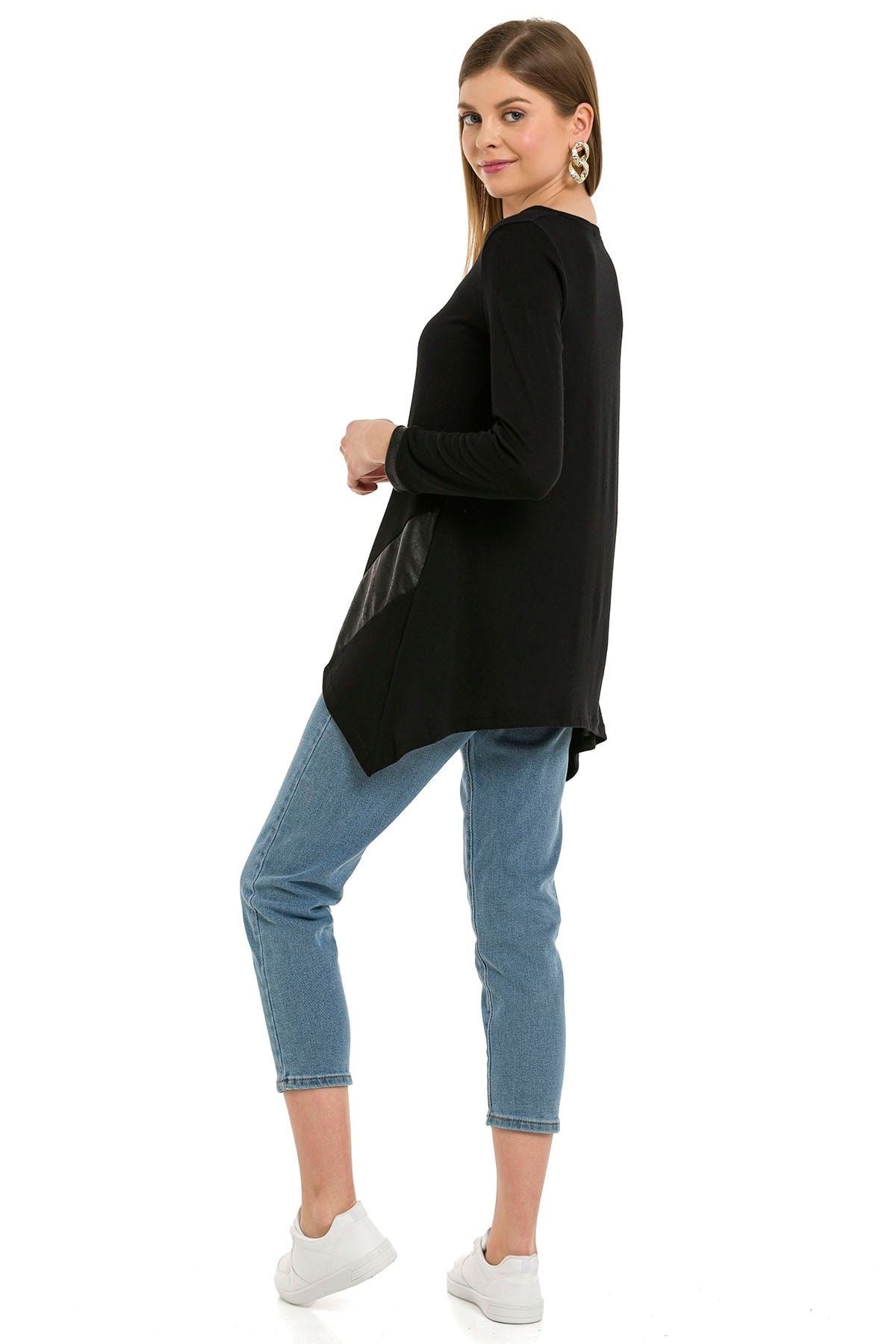 Kadın Siyah Yanları Deri Garnili Eteği Asimetrik Tunik