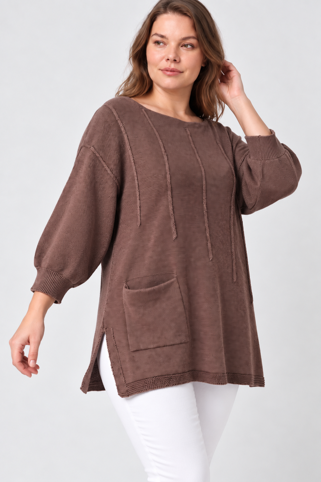 Kadın İtalyan Stil Yarasa Kol Yanı Yırtmaçlı Cep Detaylı Oversize Triko Bluz