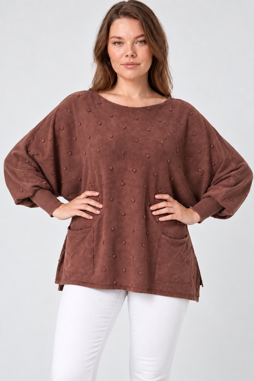 Kadın İtalyan Stil Yarasa Kol Yanı Yırtmaçlı Cep Detaylı Oversize Triko Bluz