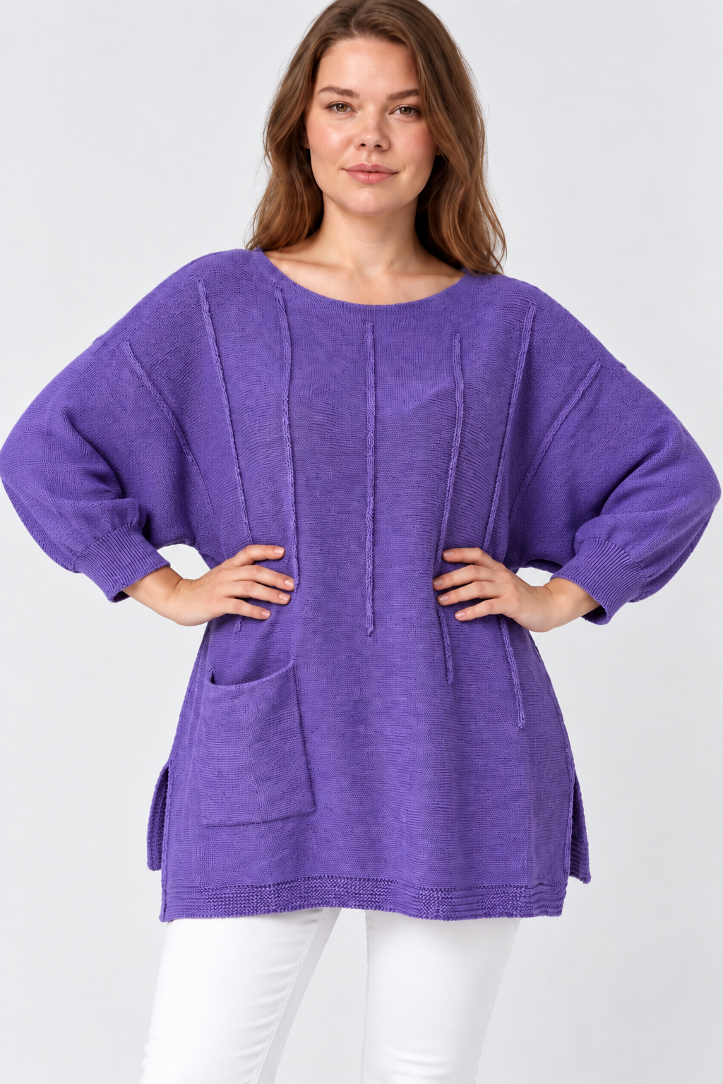 Kadın İtalyan Stil Yarasa Kol Yanı Yırtmaçlı Cep Detaylı Oversize Triko Bluz