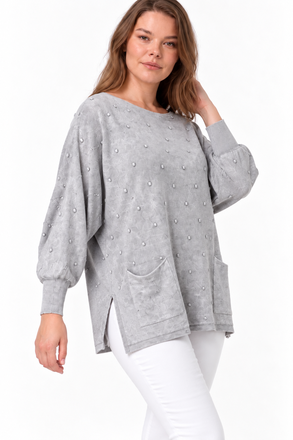 Kadın İtalyan Stil Yarasa Kol Yanı Yırtmaçlı Cep Detaylı Oversize Triko Bluz
