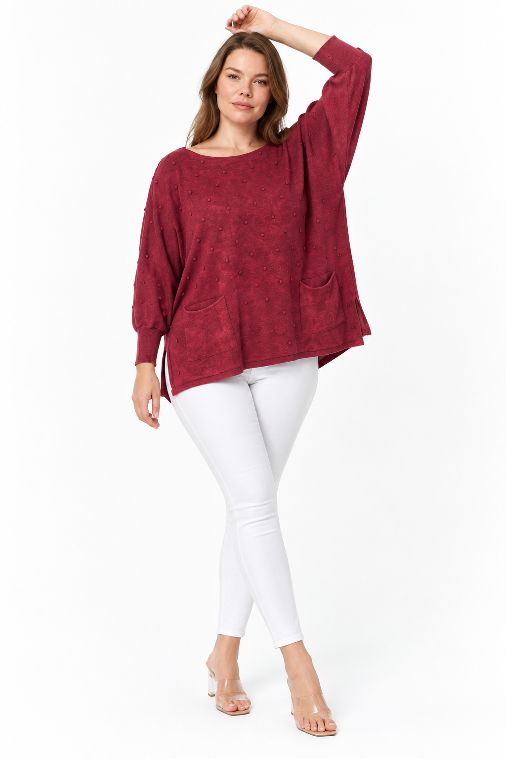 Kadın İtalyan Stil Yarasa Kol Yanı Yırtmaçlı Cep Detaylı Oversize Triko Bluz