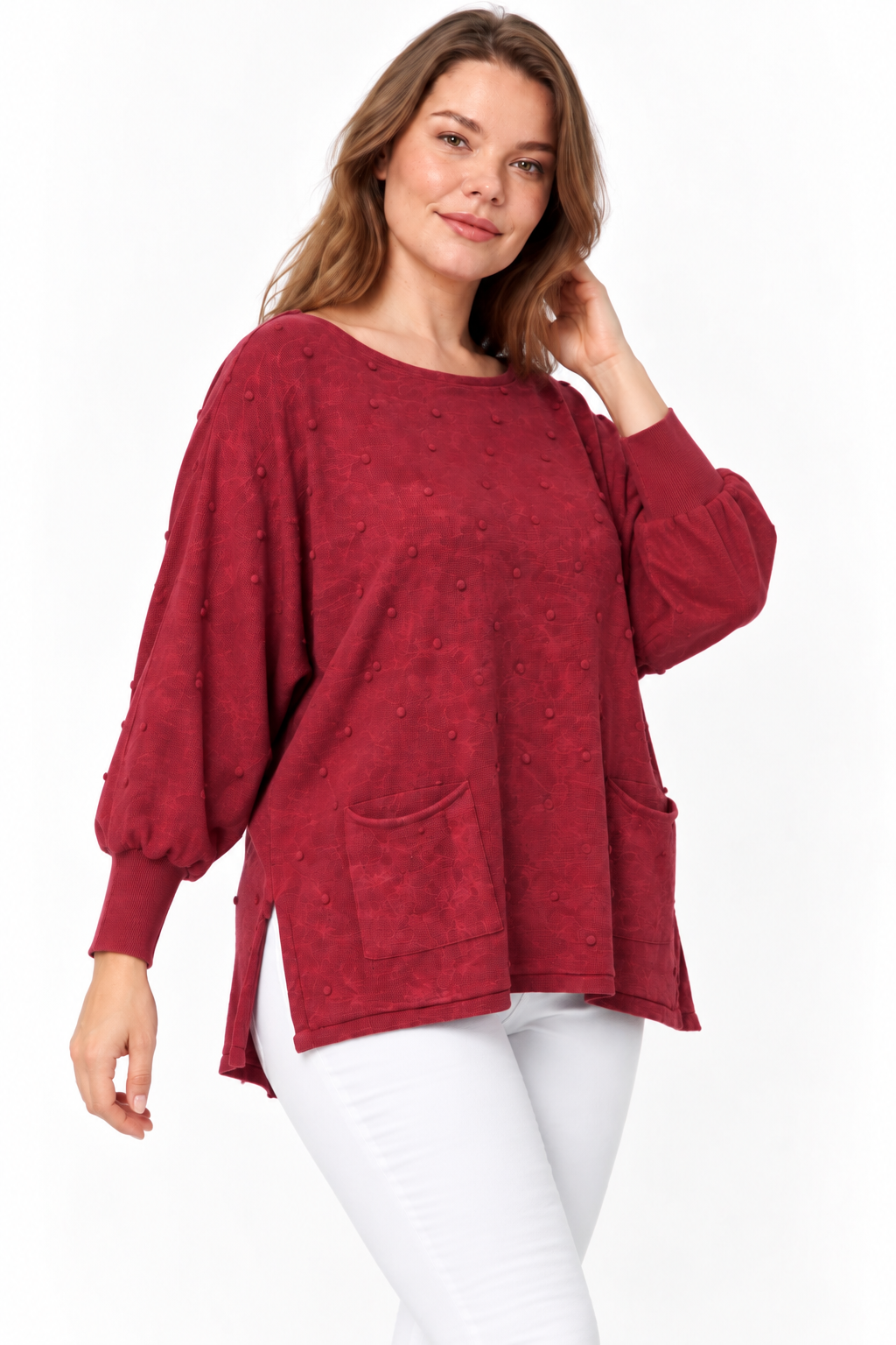 Kadın İtalyan Stil Yarasa Kol Yanı Yırtmaçlı Cep Detaylı Oversize Triko Bluz