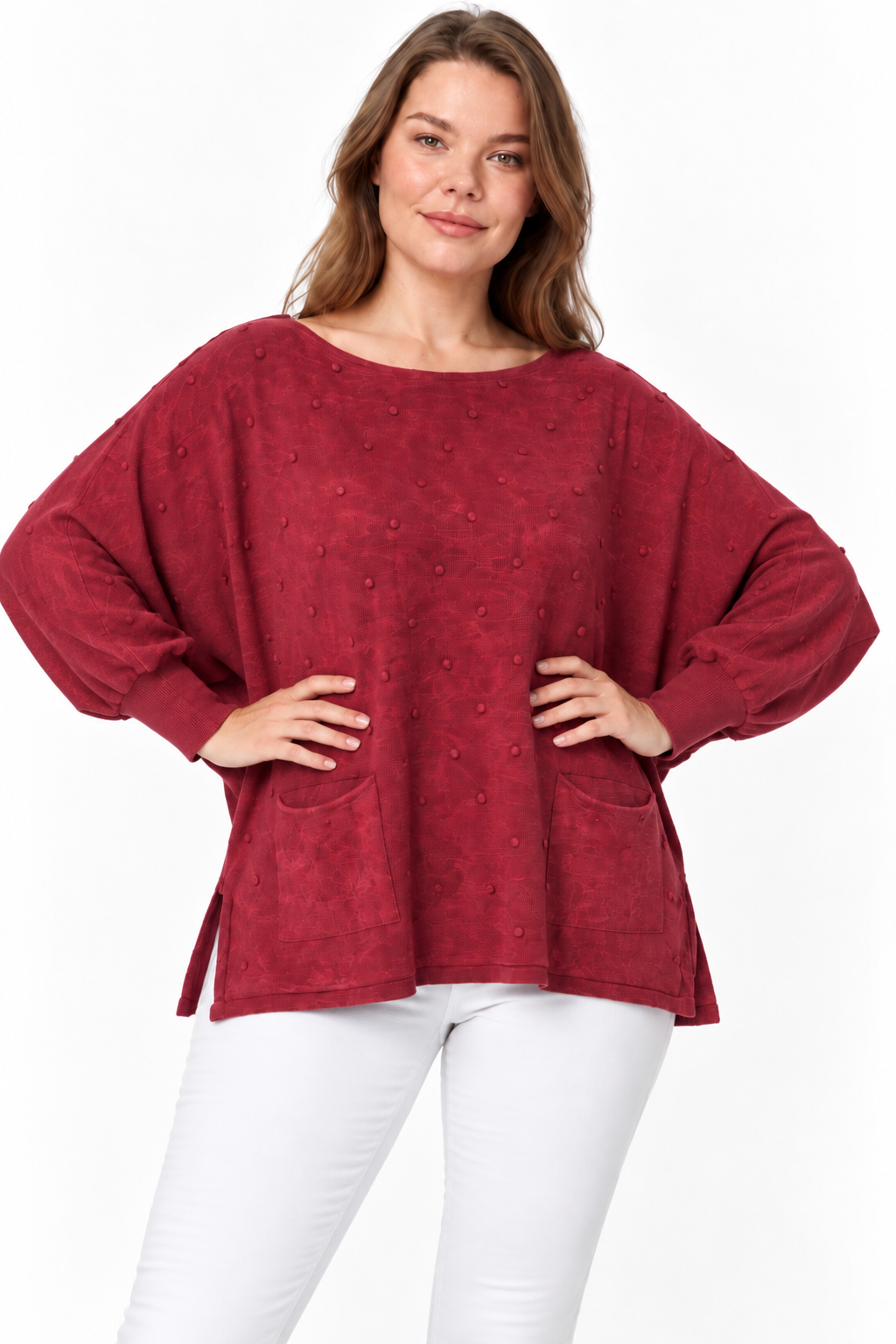 Kadın İtalyan Stil Yarasa Kol Yanı Yırtmaçlı Cep Detaylı Oversize Triko Bluz