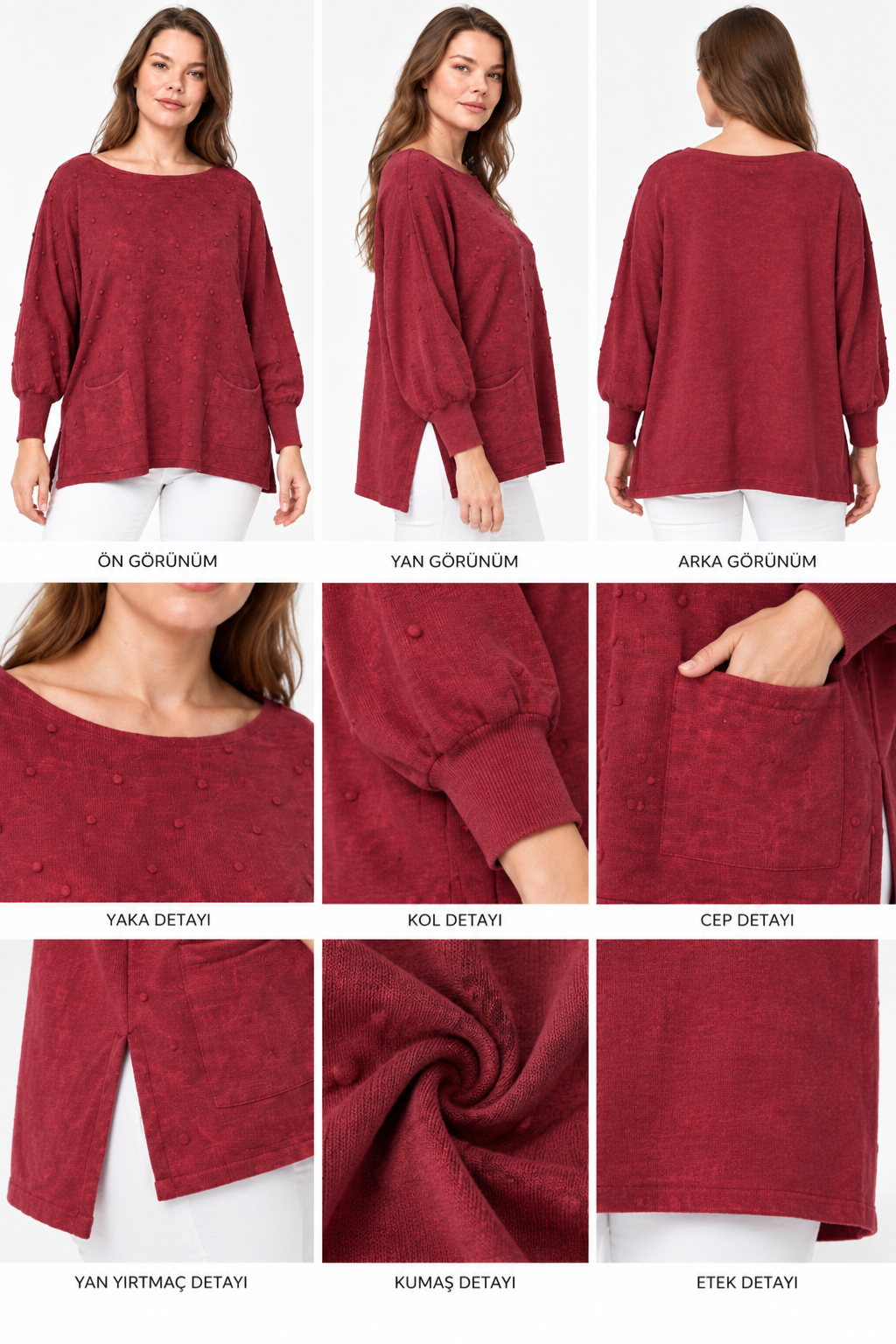 Kadın İtalyan Stil Yarasa Kol Yanı Yırtmaçlı Cep Detaylı Oversize Triko Bluz