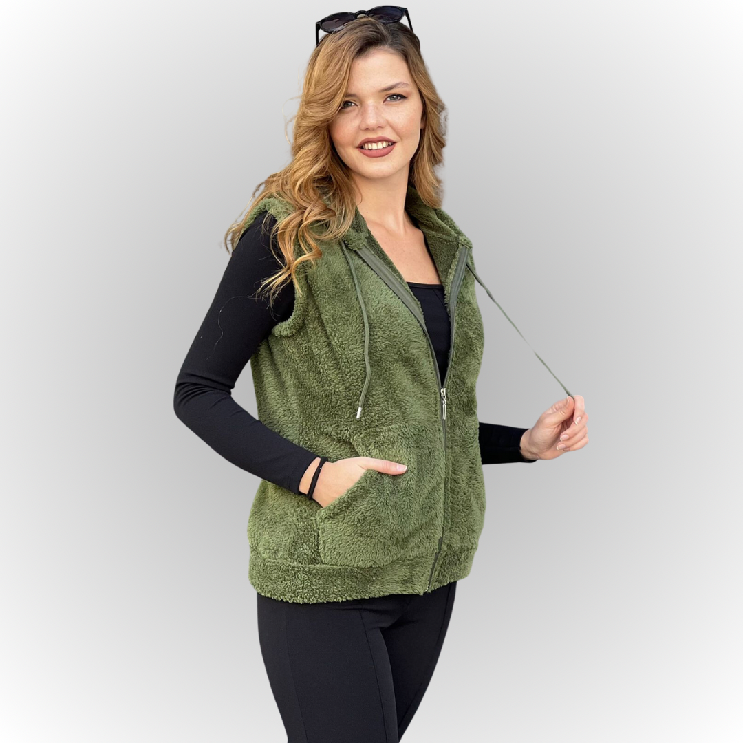 Kadın Haki Yeşil Kapşonlu Kolsuz Peluş Yelek