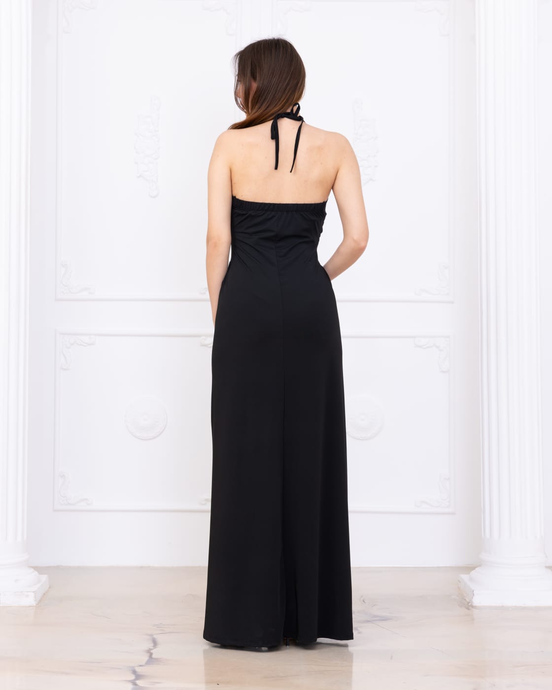 Kadın Siyah Önü Burgulu Askılı Dekolteli Uzun Elbise