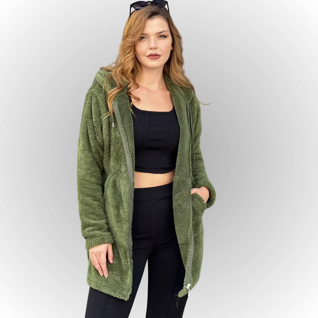 Kadın Haki Yeşil Kapşonlu Uzun Peluş Ceket