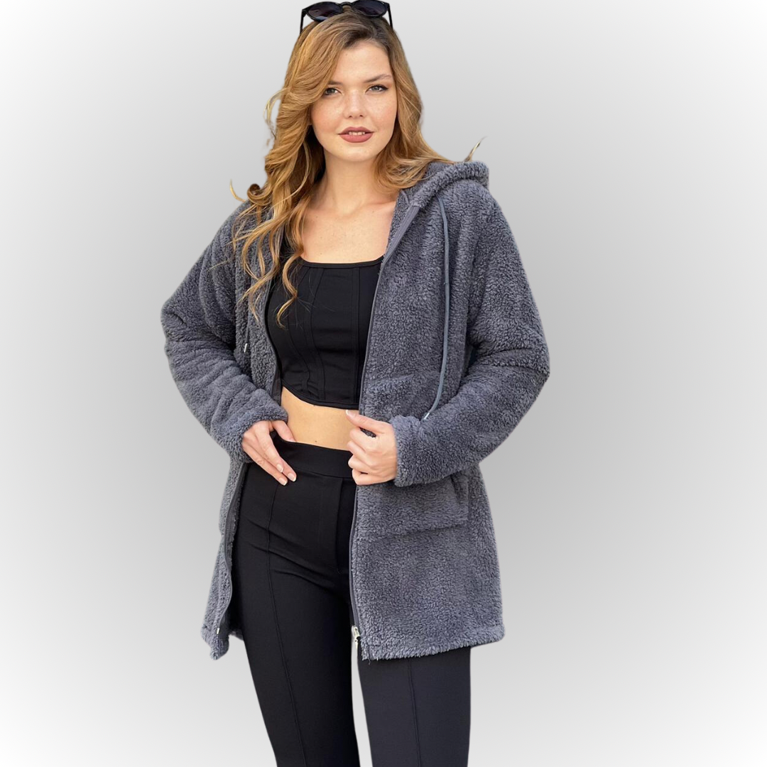 Kadın Füme Kapşonlu Uzun Peluş Ceket