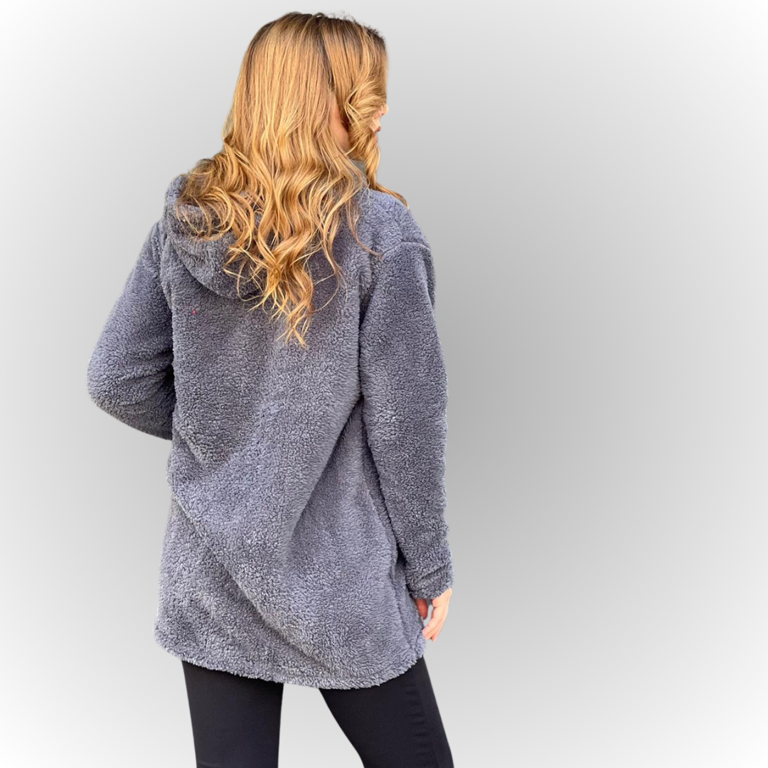 Kadın Füme Kapşonlu Uzun Peluş Ceket