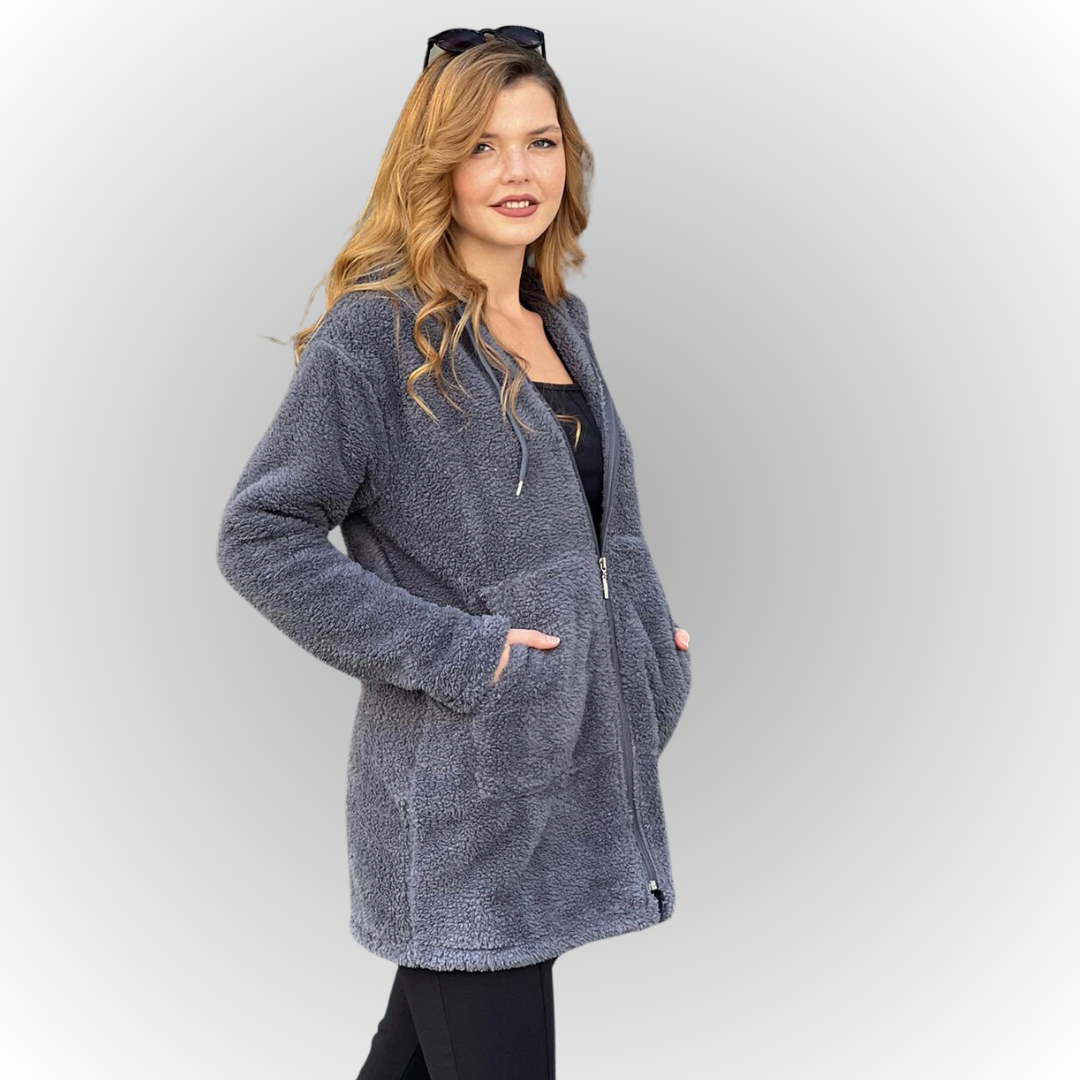 Kadın Füme Kapşonlu Uzun Peluş Ceket