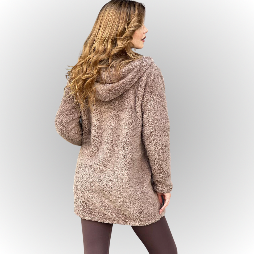 Kadın Vizon Kapşonlu Uzun Peluş Ceket