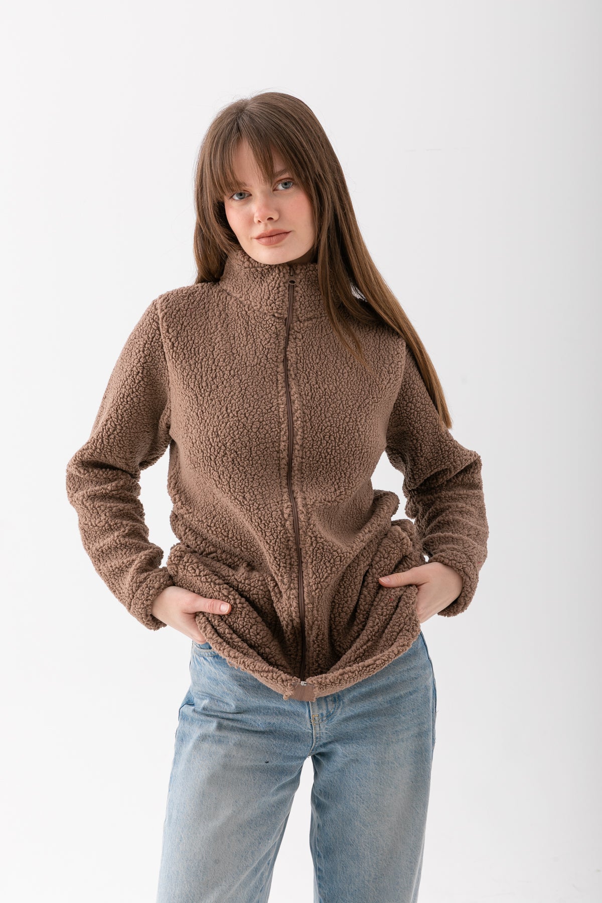 Kadın Vizon Dik Yaka Fermuarlı Polar Ceket