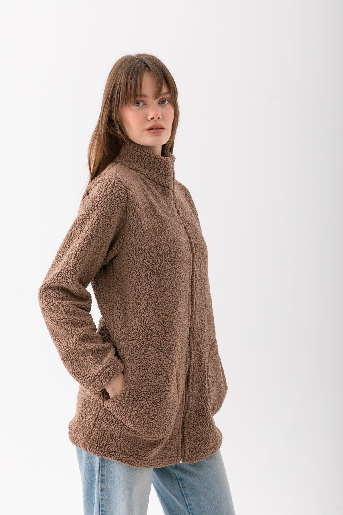 Kadın Vizon Dik Yaka Fermuarlı Polar Ceket