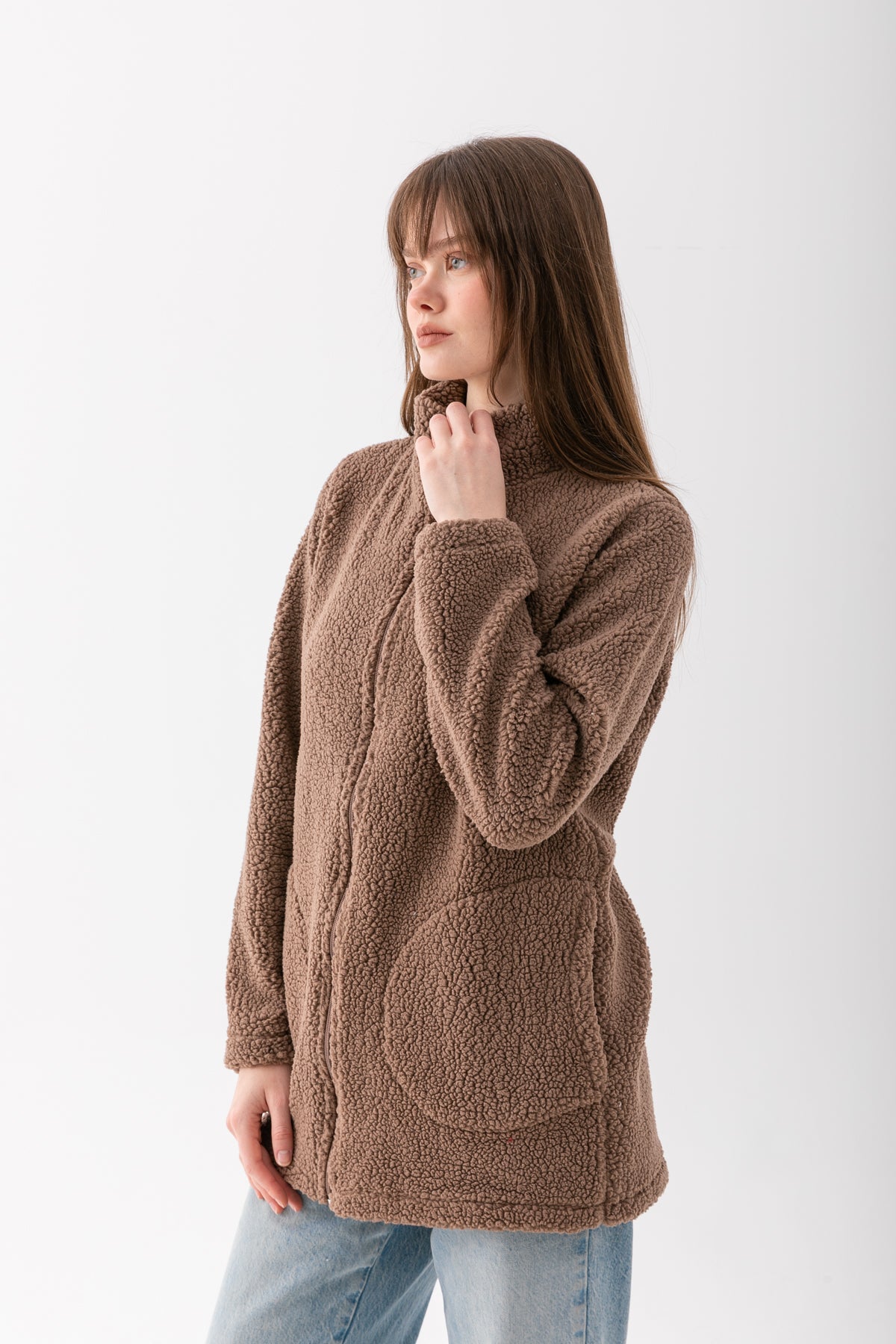 Kadın Vizon Dik Yaka Fermuarlı Polar Ceket