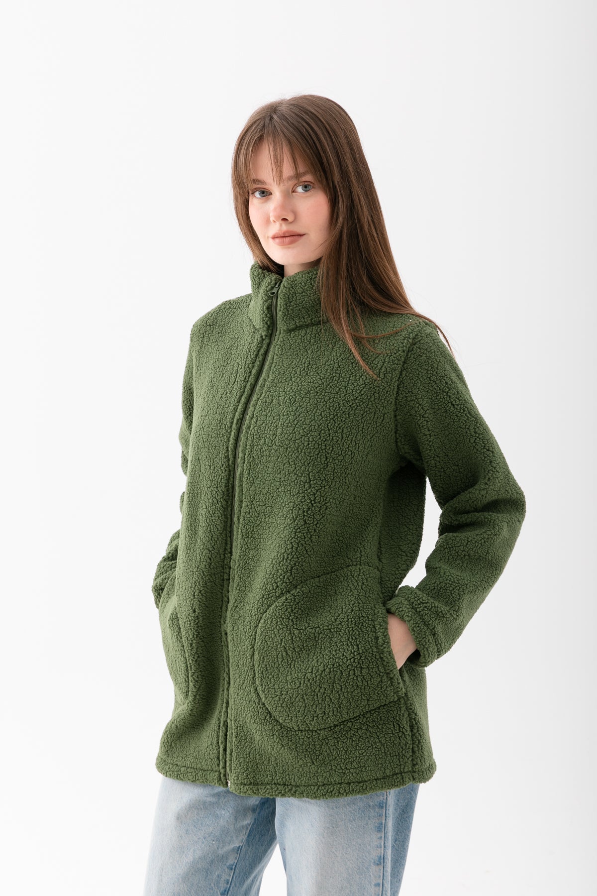 Kadın Haki Yeşil Dik Yaka Fermuarlı Polar Ceket