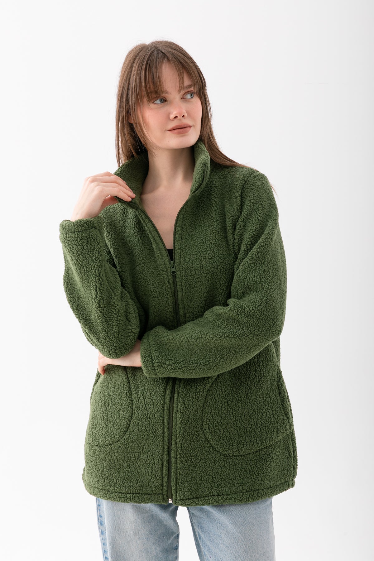 Kadın Haki Yeşil Dik Yaka Fermuarlı Polar Ceket