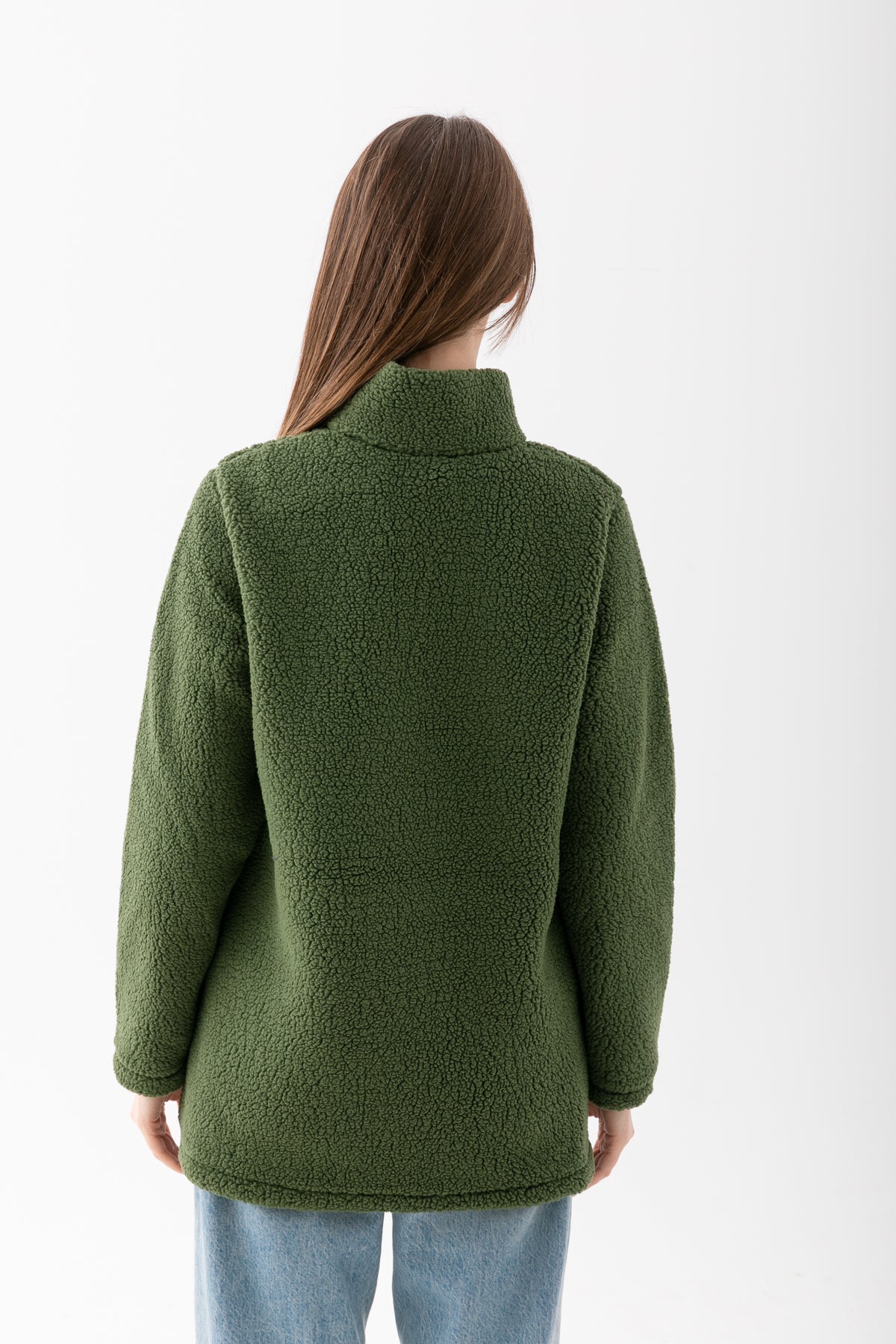 Kadın Haki Yeşil Dik Yaka Fermuarlı Polar Ceket