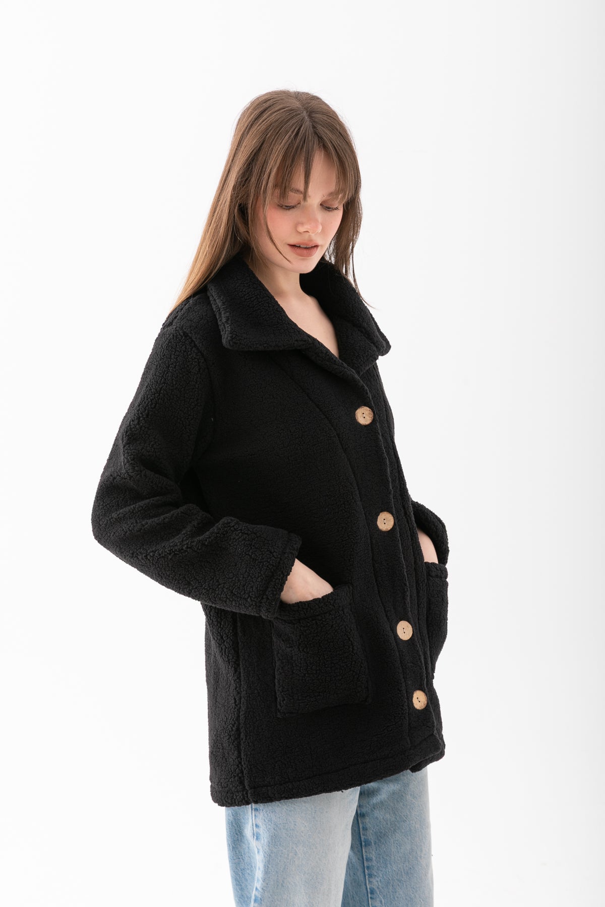 Kadın Siyah Dik Yaka Düğmeli Peluş Hırka