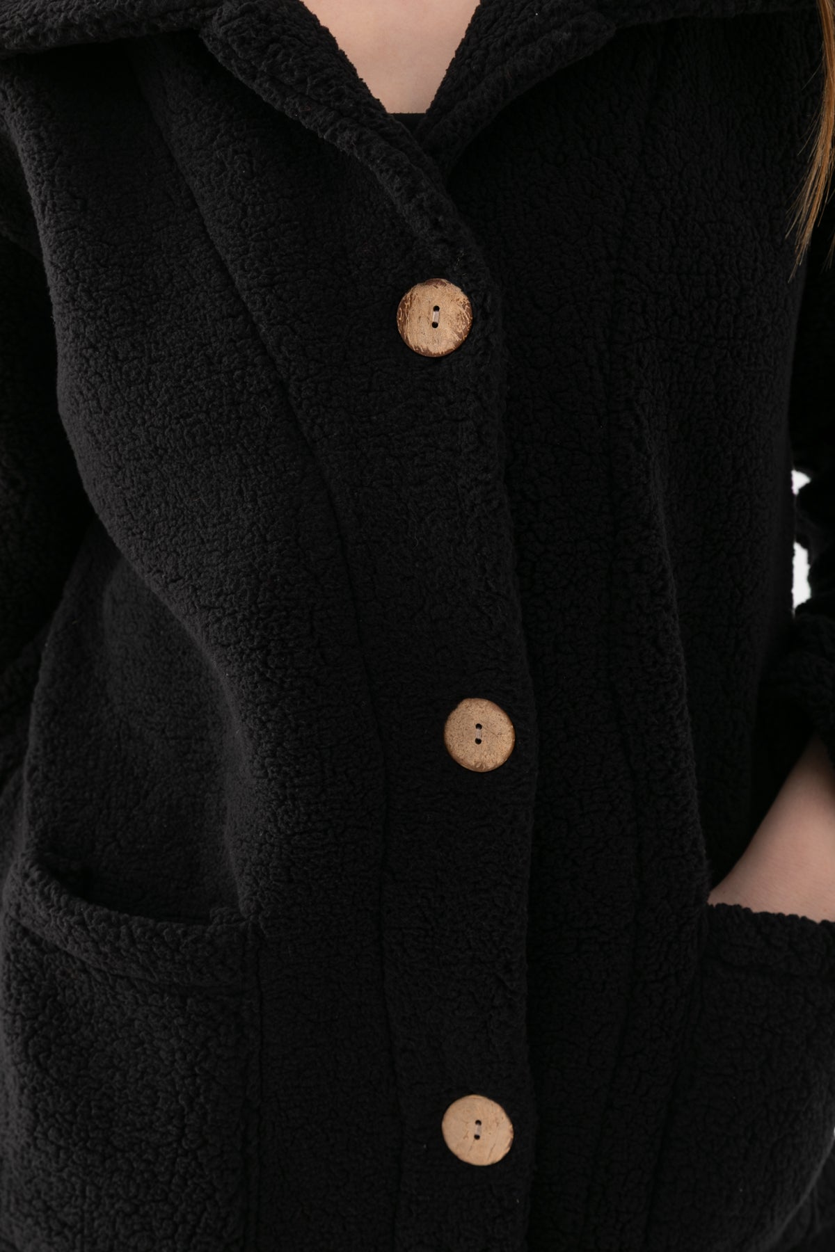 Kadın Siyah Dik Yaka Düğmeli Peluş Hırka