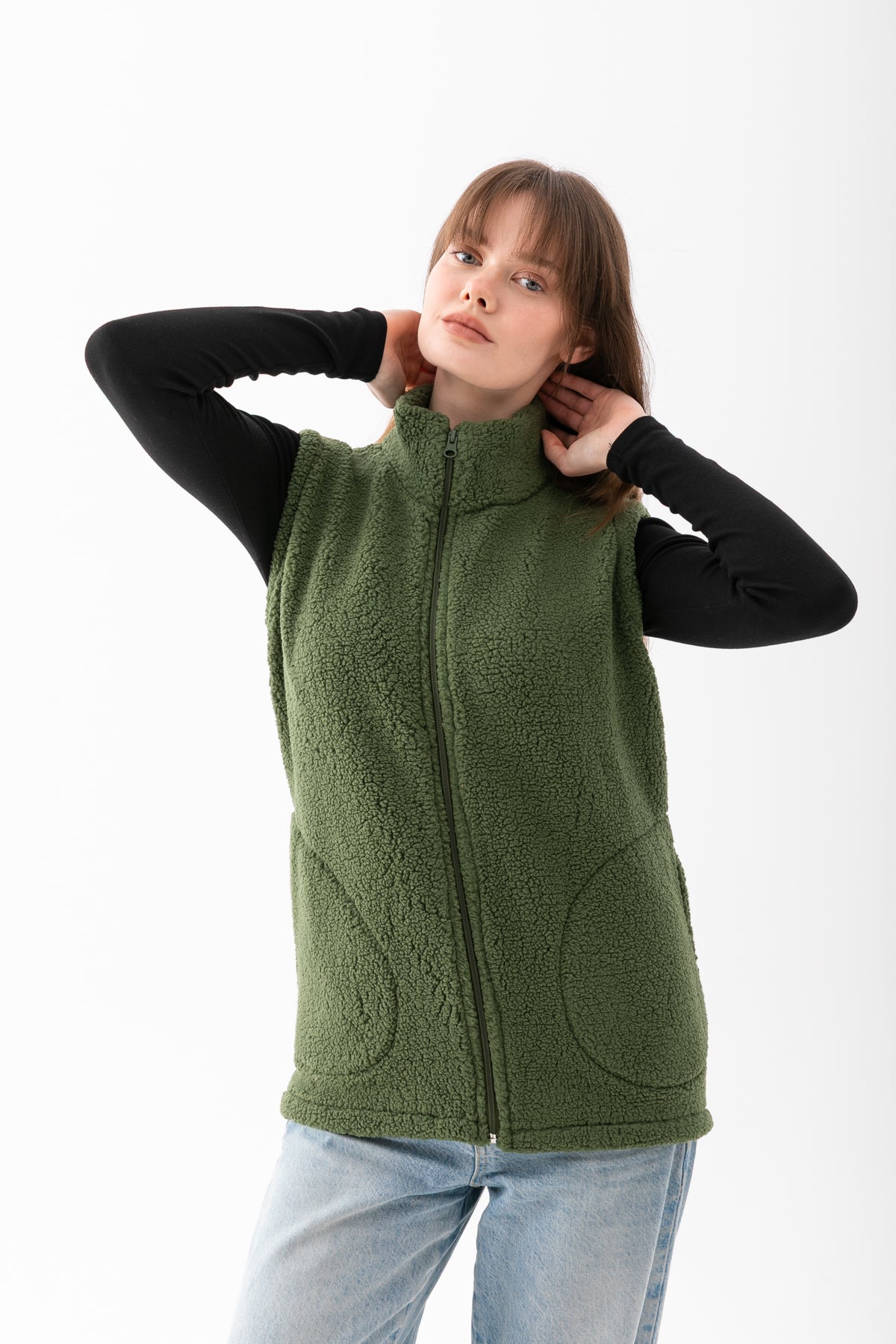 Kadın Haki Yeşil Dik Yaka Fermuarlı Polar Yelek