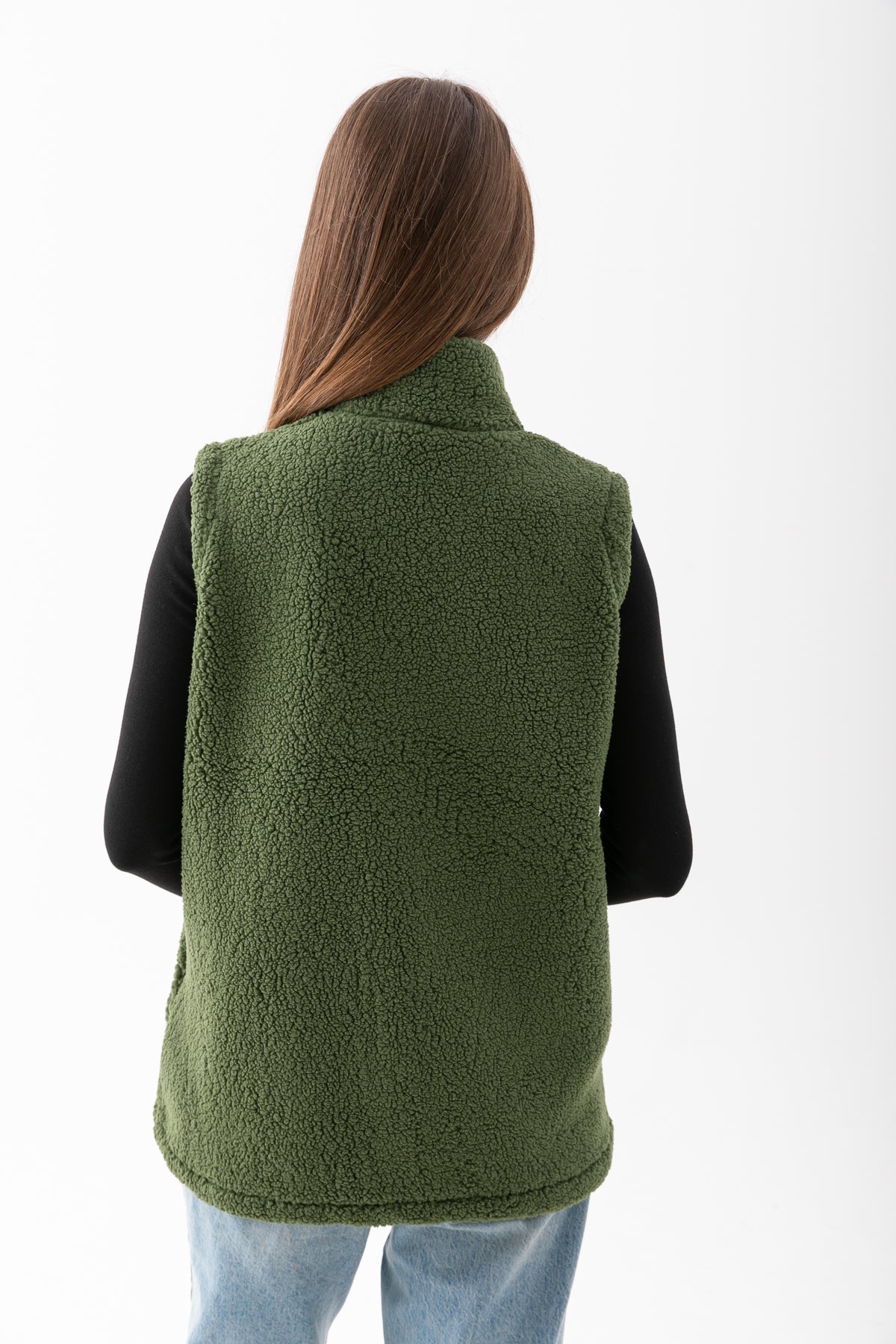 Kadın Haki Yeşil Dik Yaka Fermuarlı Polar Yelek