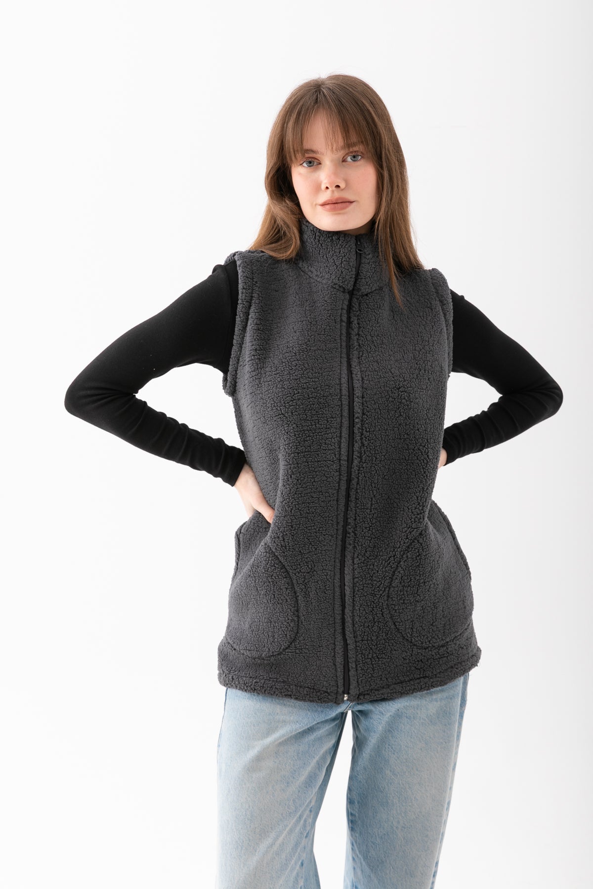 Kadın Füme Dik Yaka Fermuarlı Polar Yelek