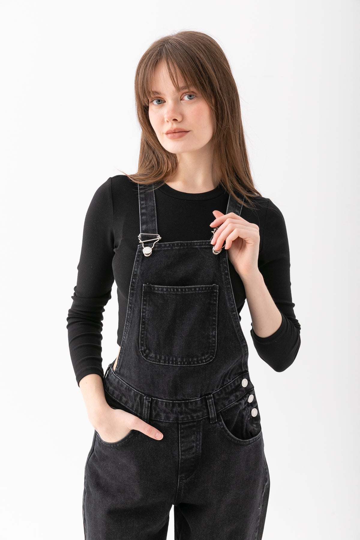 Kadın Siyah Slim Dar Kesim Kot Tulum