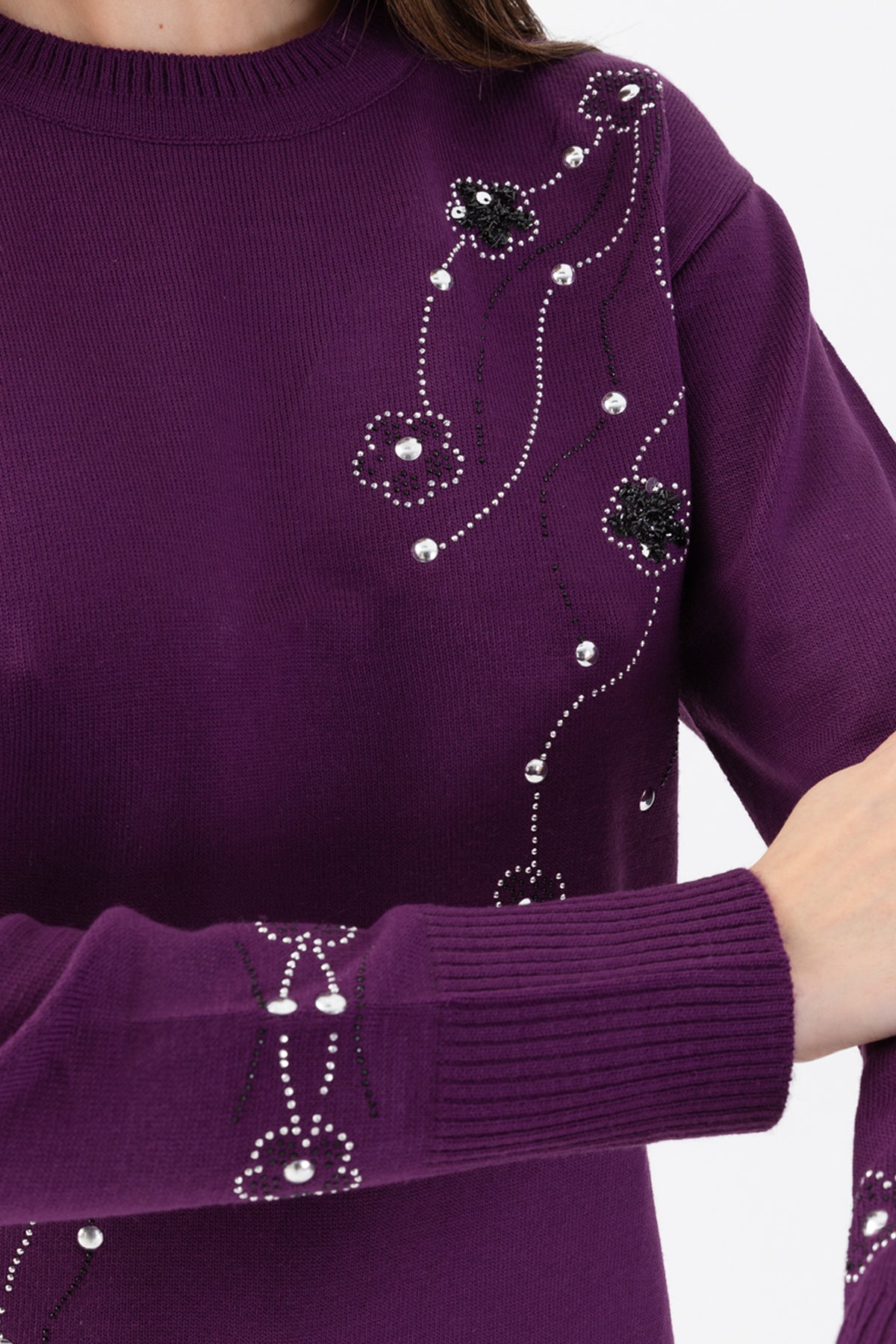 Kadın Mor Taş Pul İşlemeli Triko Bluz