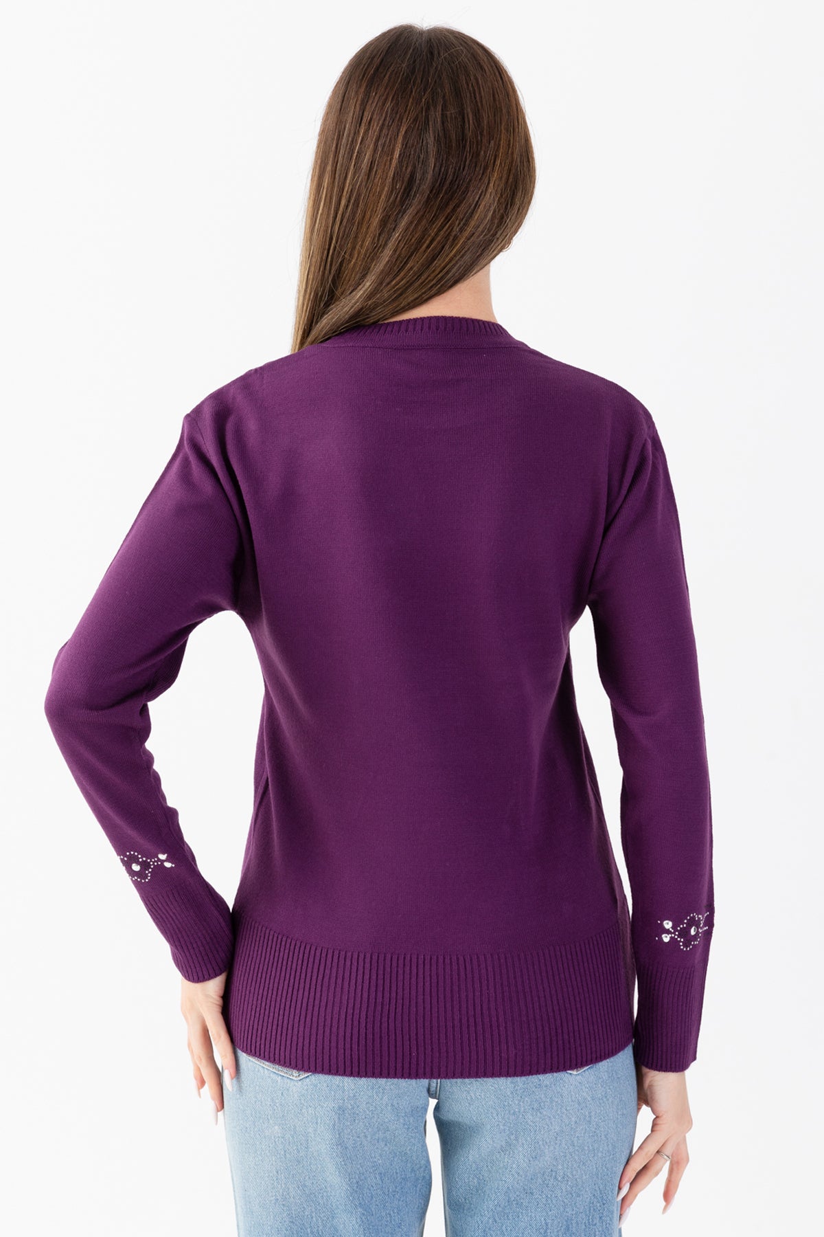 Kadın Mor Taş Pul İşlemeli Triko Bluz