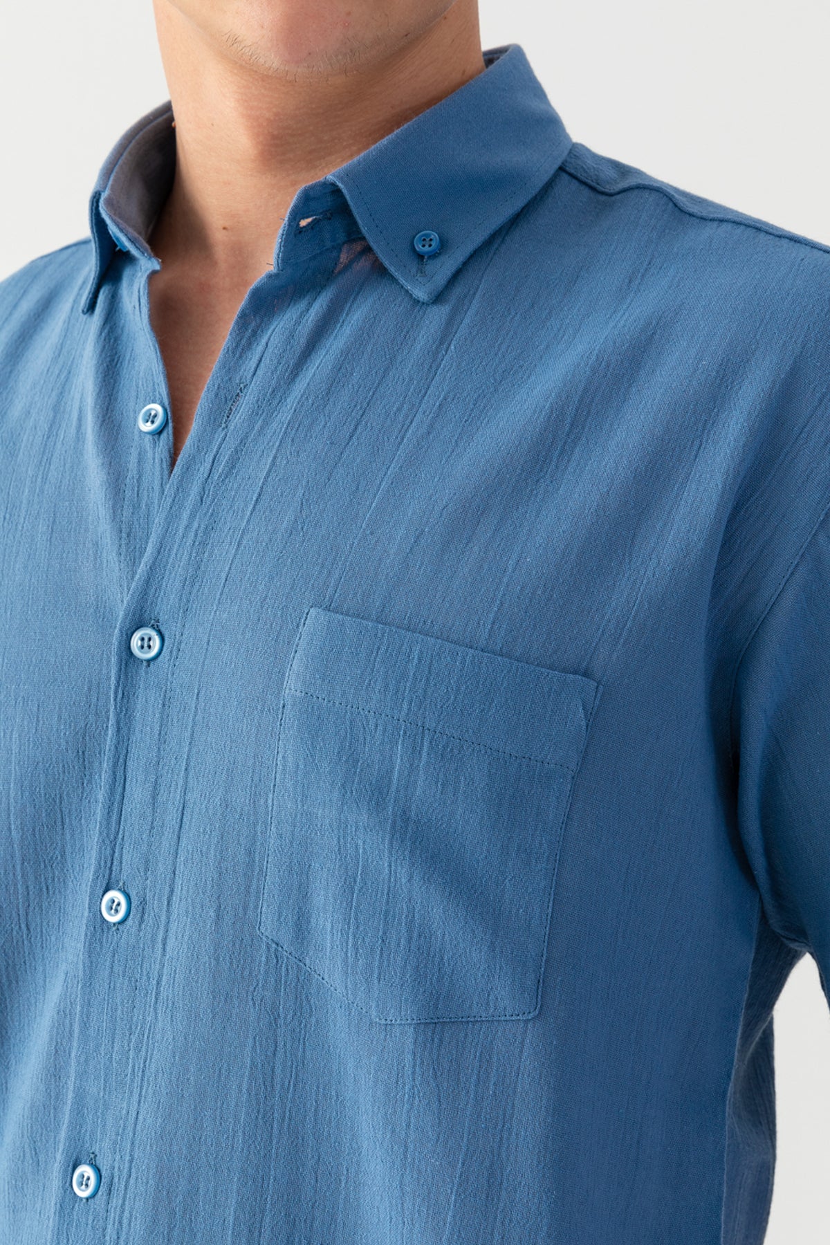 Erkek Mavi %100 Pamuk Dokuma Kısa Kollu Rahat Kesim Cep Detaylı Şile Kumaş Gömlek