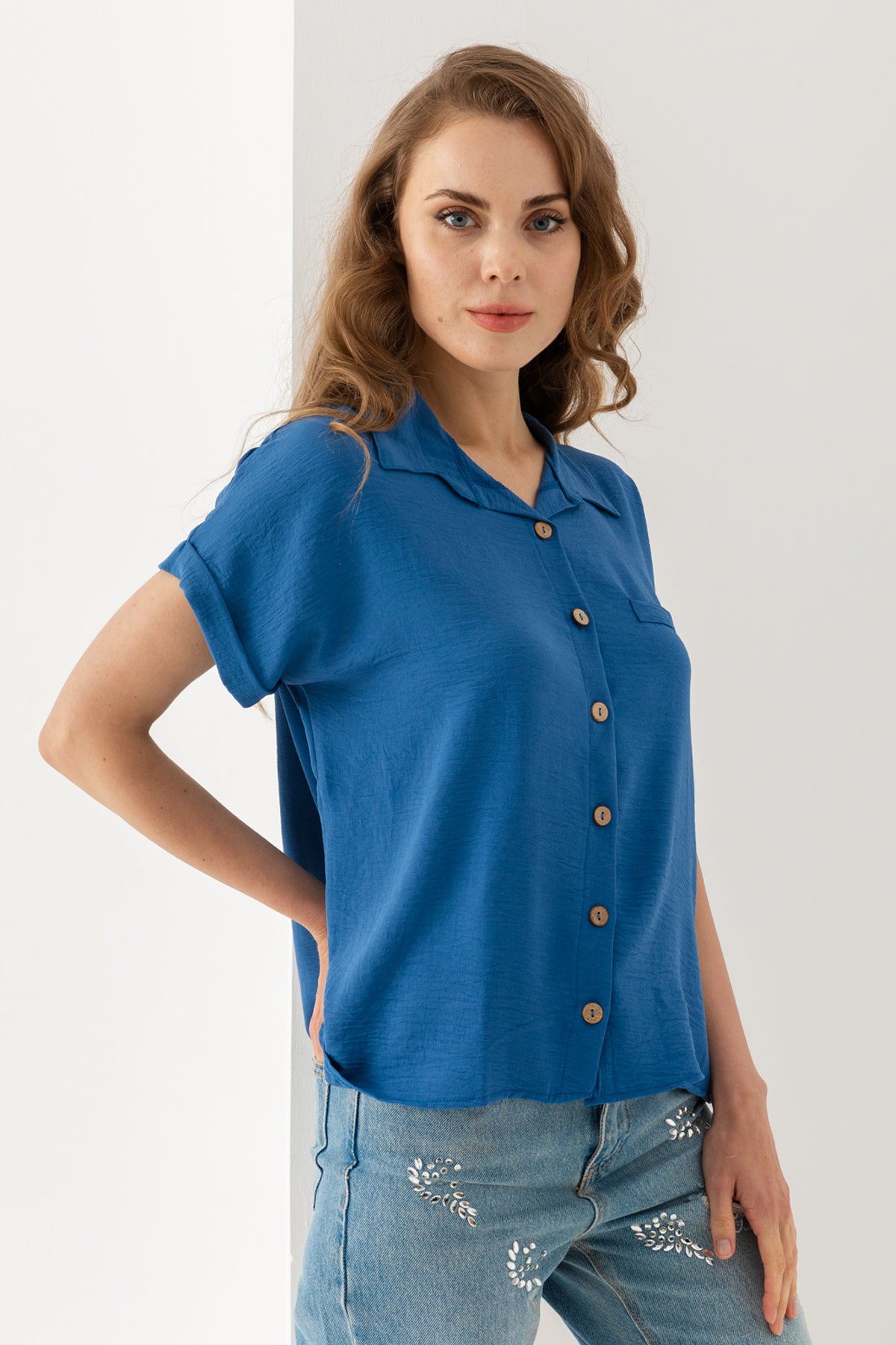 Kadın Mavi Duble Kol  Aerobin Kısa Kollu Gömlek