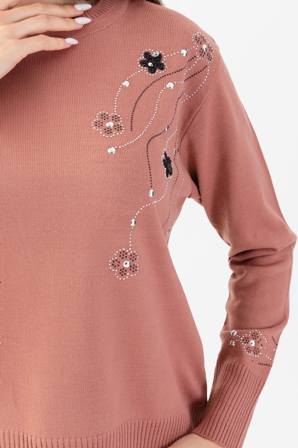 Kadın Pudra Taş Pul İşlemeli Triko Bluz