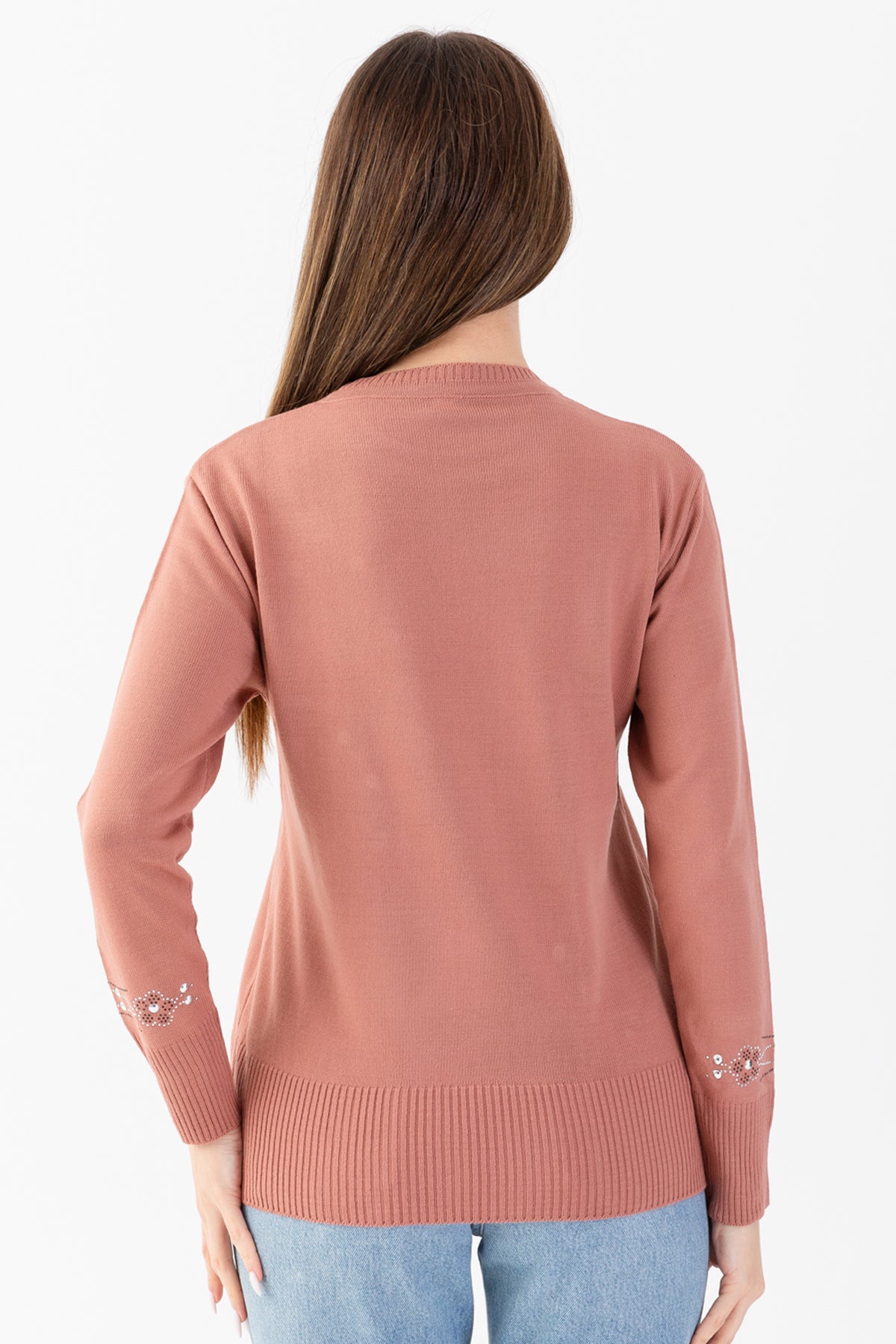 Kadın Pudra Taş Pul İşlemeli Triko Bluz