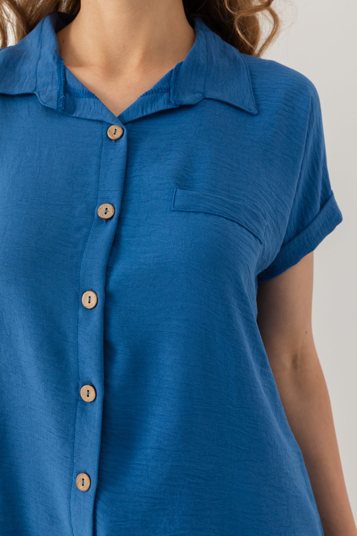 Kadın Mavi Duble Kol  Aerobin Kısa Kollu Gömlek