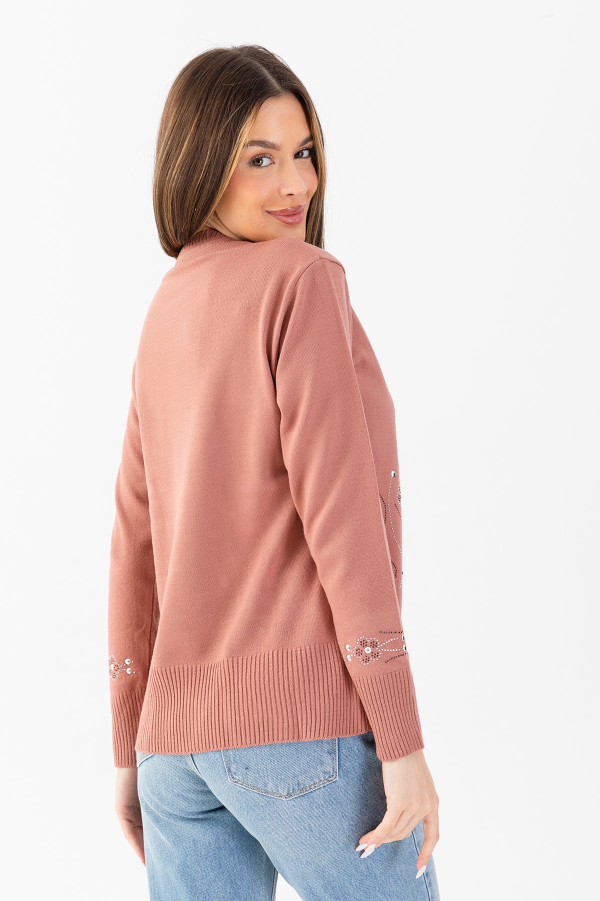 Kadın Pudra Taş Pul İşlemeli Triko Bluz