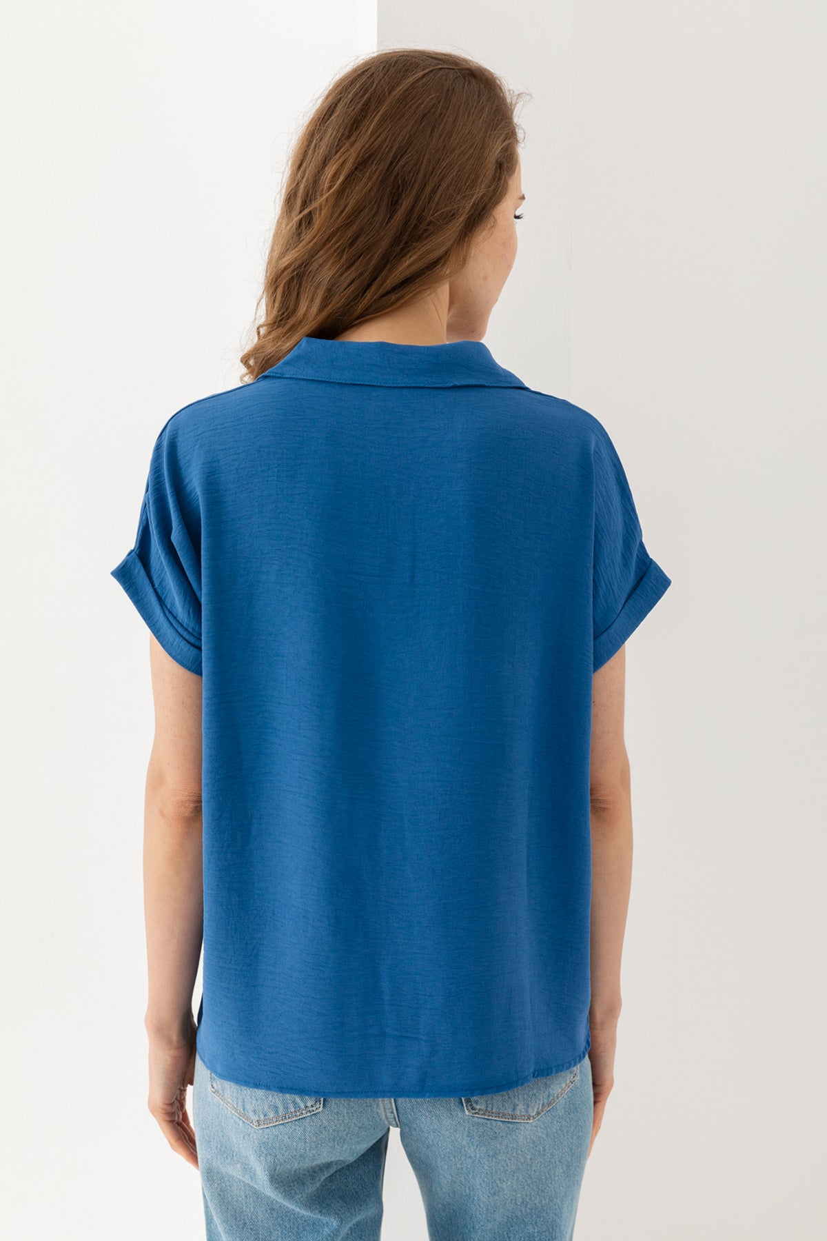 Kadın Mavi Duble Kol  Aerobin Kısa Kollu Gömlek