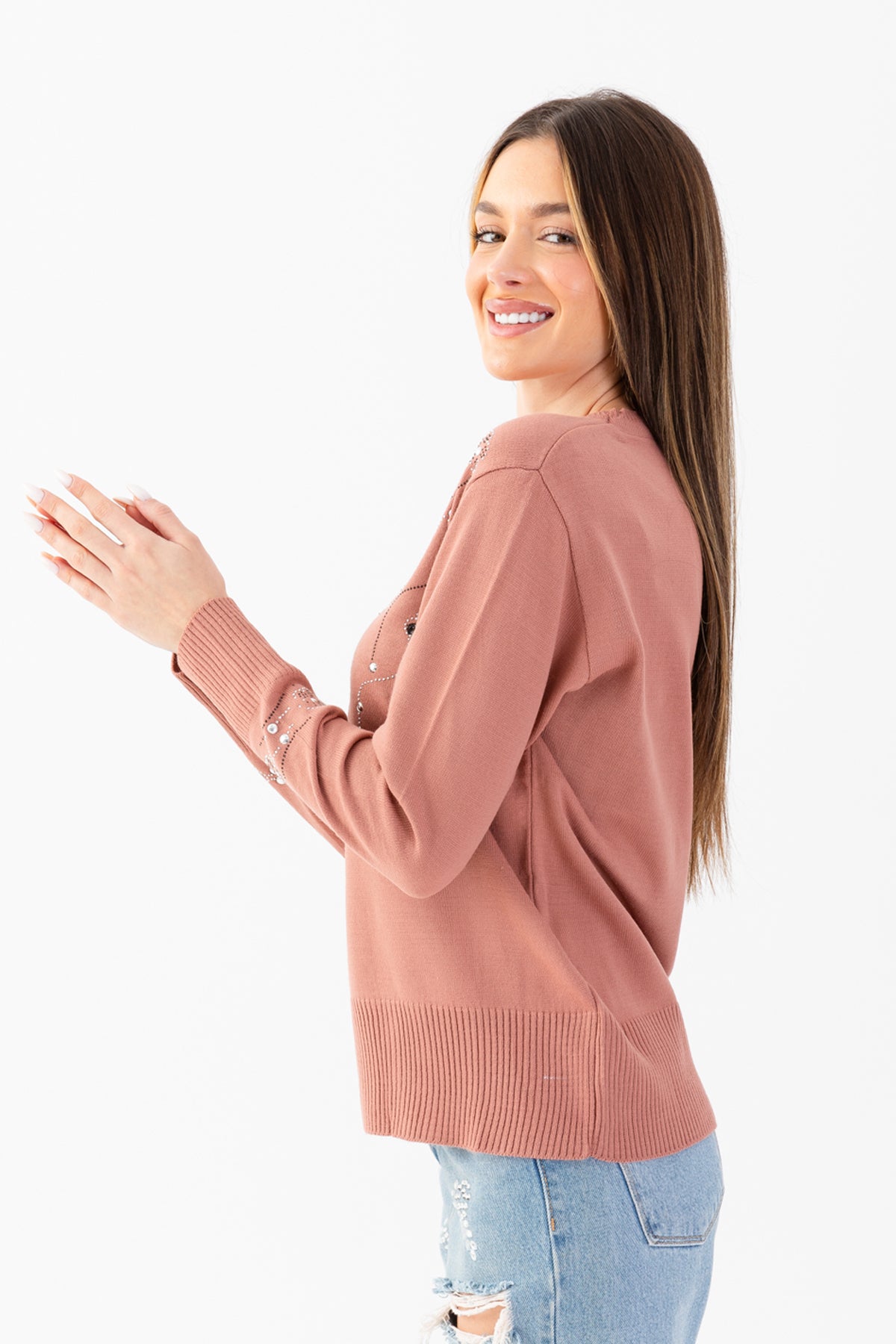 Kadın Pudra Taş Pul İşlemeli Triko Bluz