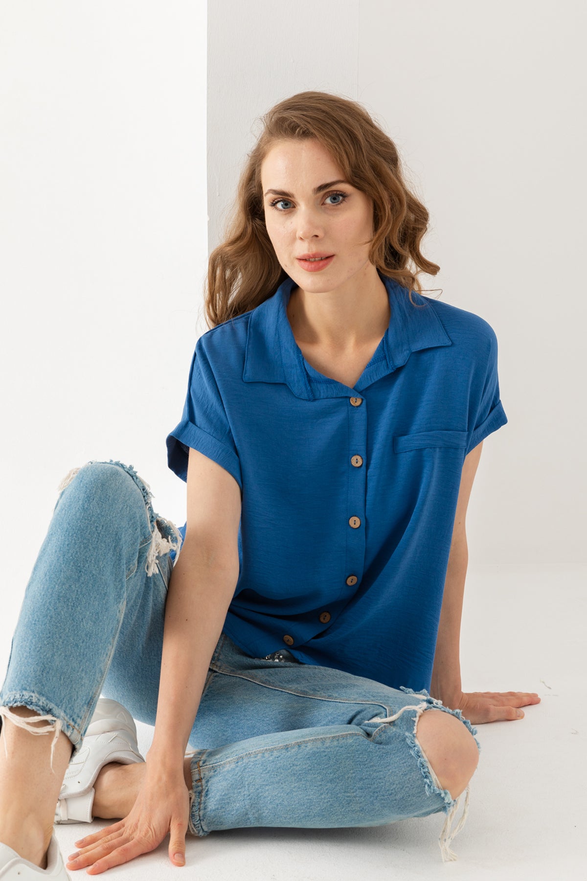 Kadın Mavi Duble Kol  Aerobin Kısa Kollu Gömlek